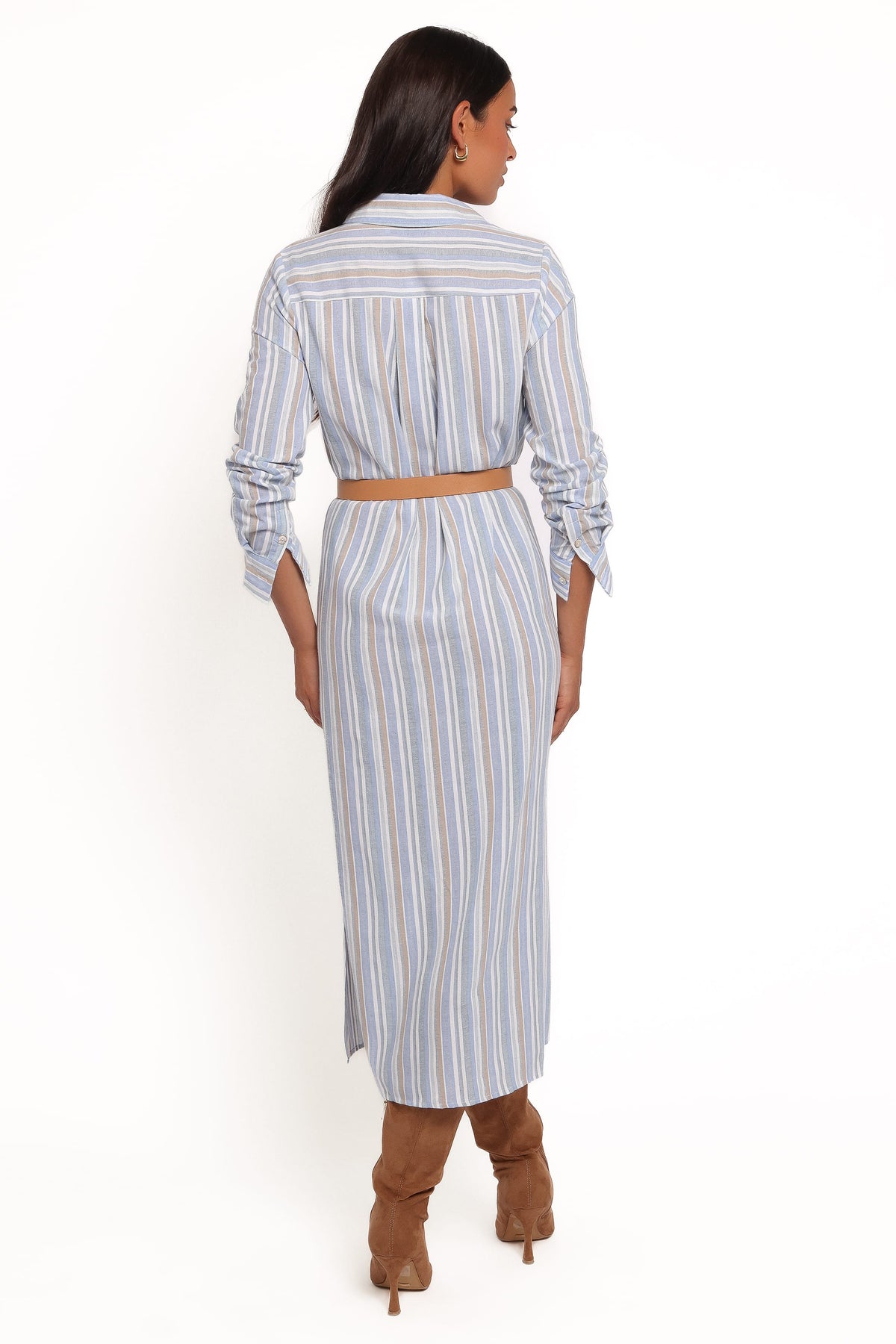 Caprice Long Sleeve Button Down Maxi Dress in Blue Stripe – view 4 of 7