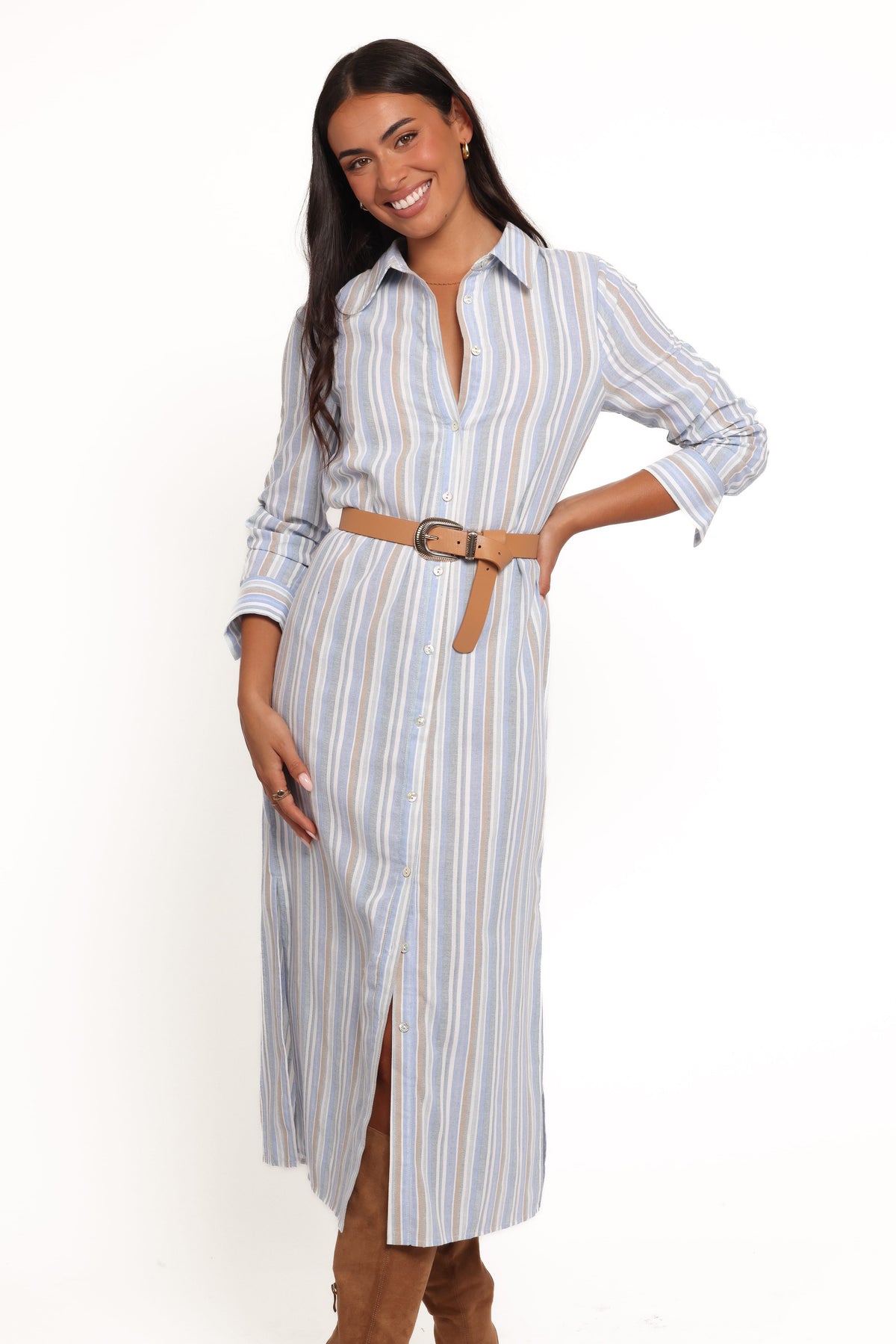 Caprice Long Sleeve Button Down Maxi Dress in Blue Stripe – view 6 of 7