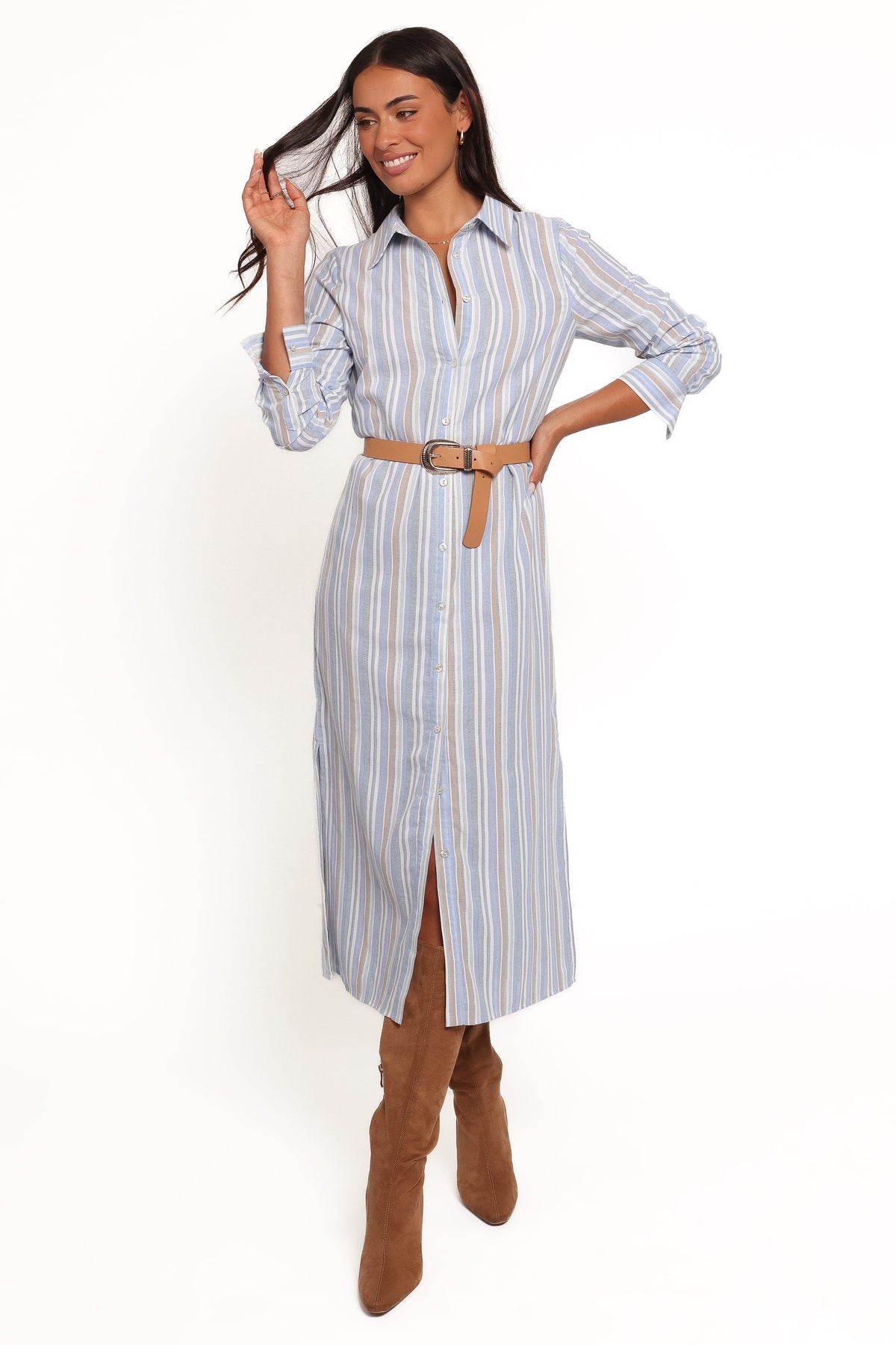 Caprice Long Sleeve Button Down Maxi Dress in Blue Stripe – view 1 of 7