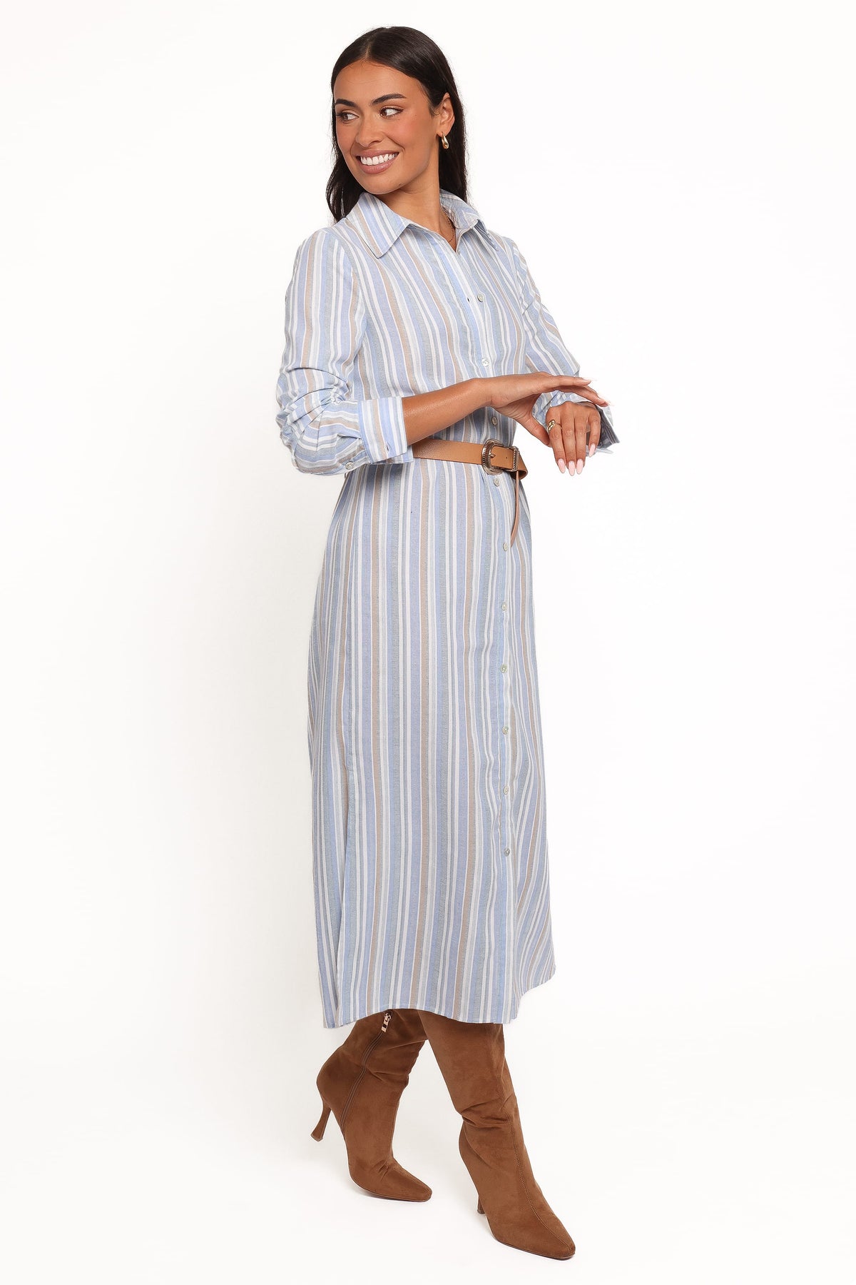 Caprice Long Sleeve Button Down Maxi Dress in Blue Stripe – view 3 of 7