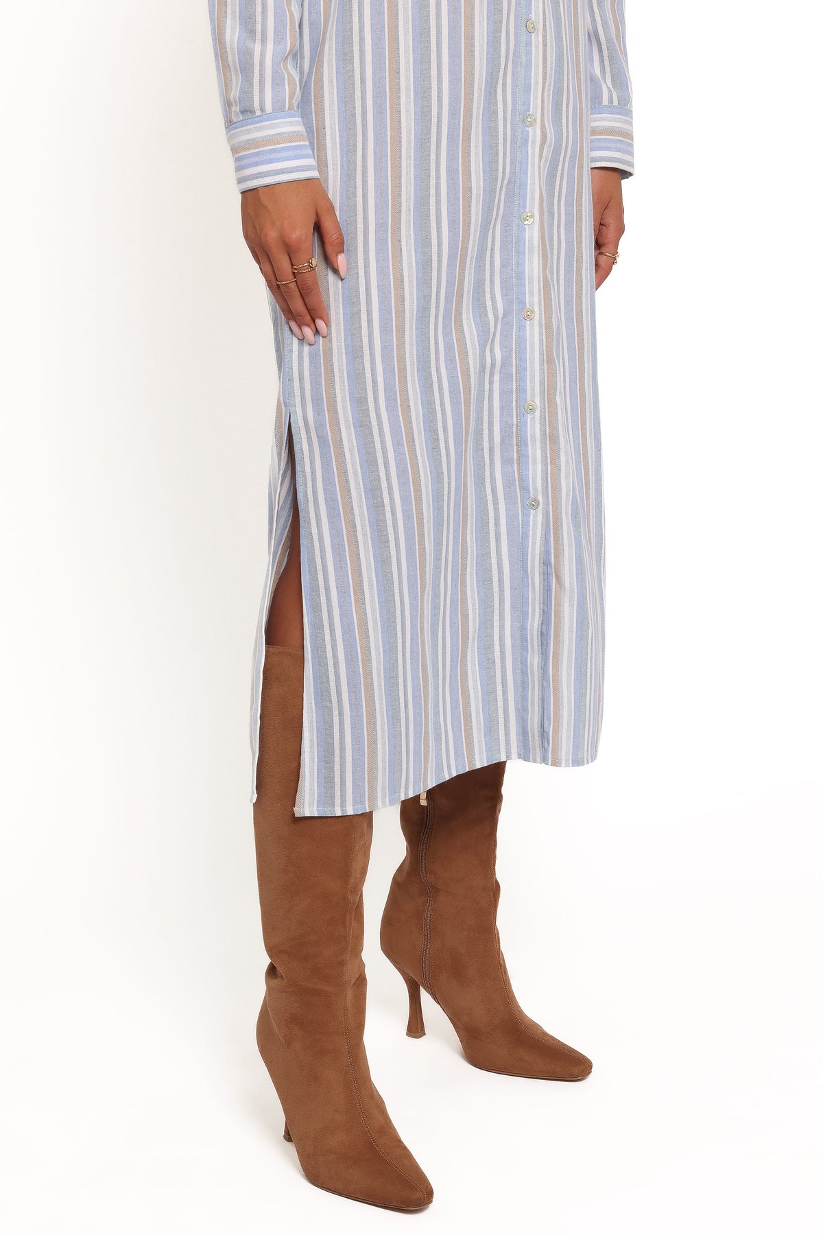 Caprice Long Sleeve Button Down Maxi Dress in Blue Stripe – view 5 of 7
