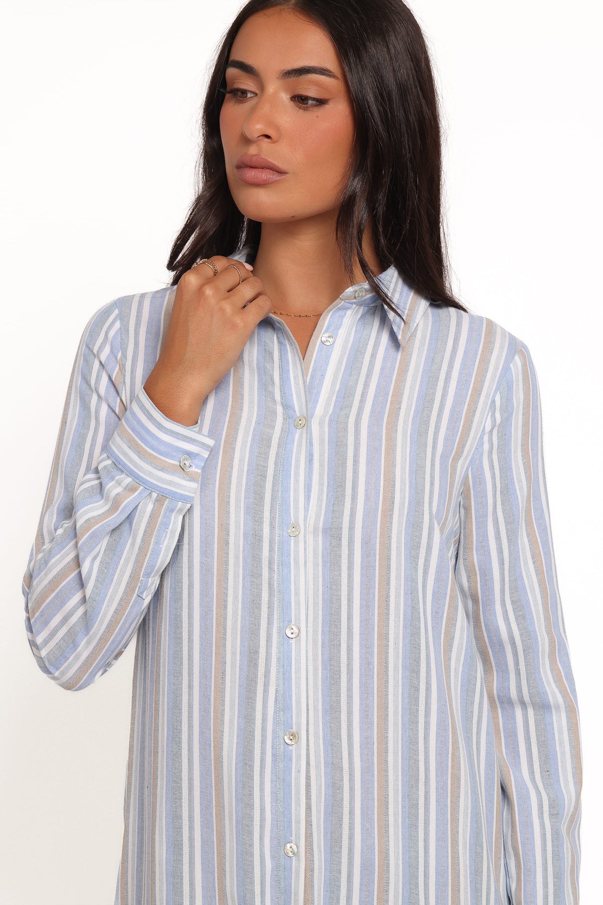 Caprice Long Sleeve Button Down Maxi Dress in Blue Stripe – view 2 of 7