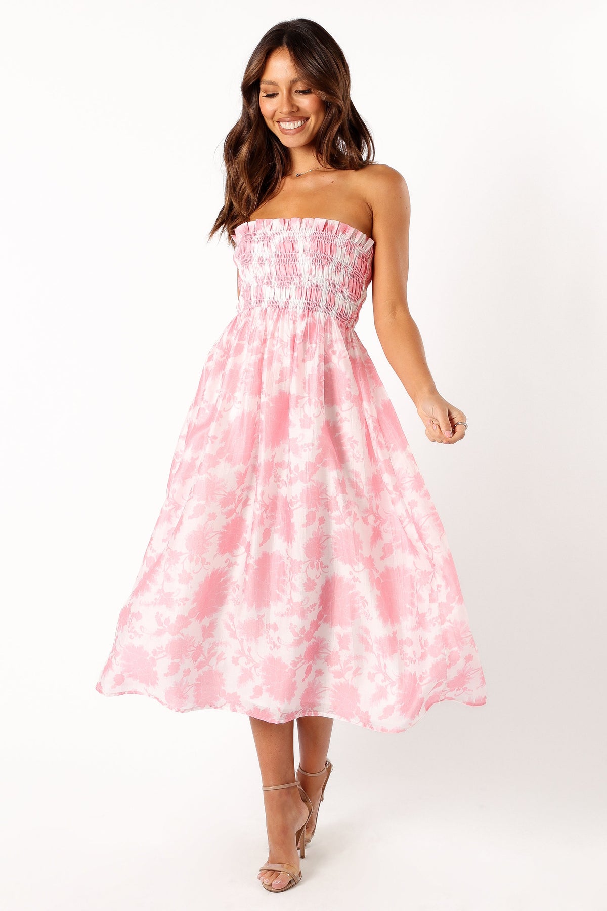 Carter Strapless Midi Dress in Pink Floral – view 1 of 8