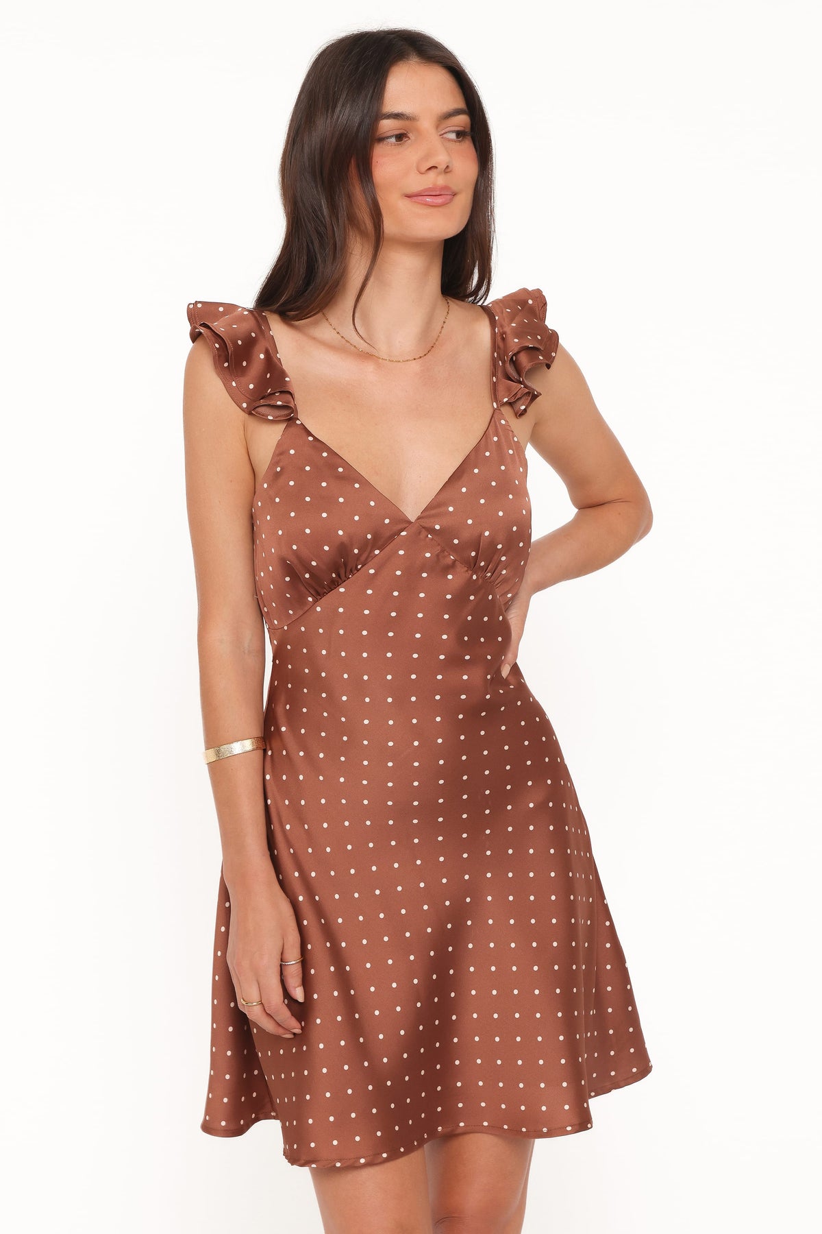 Cassinda Mini Dress in Brown Polka Dot – view 1 of 6