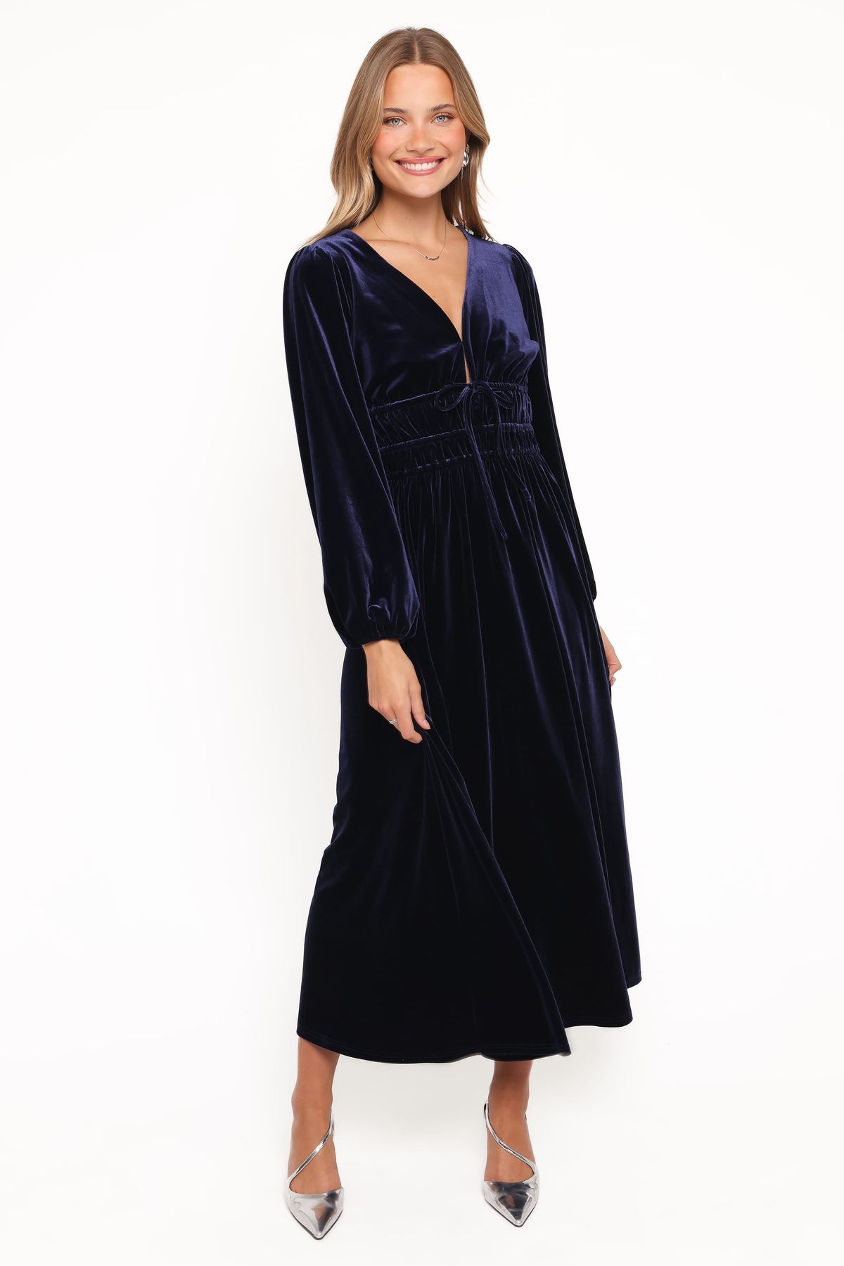 Cece Velvet Long Sleeve Maxi Dress in Midnight Blue – view 1 of 6