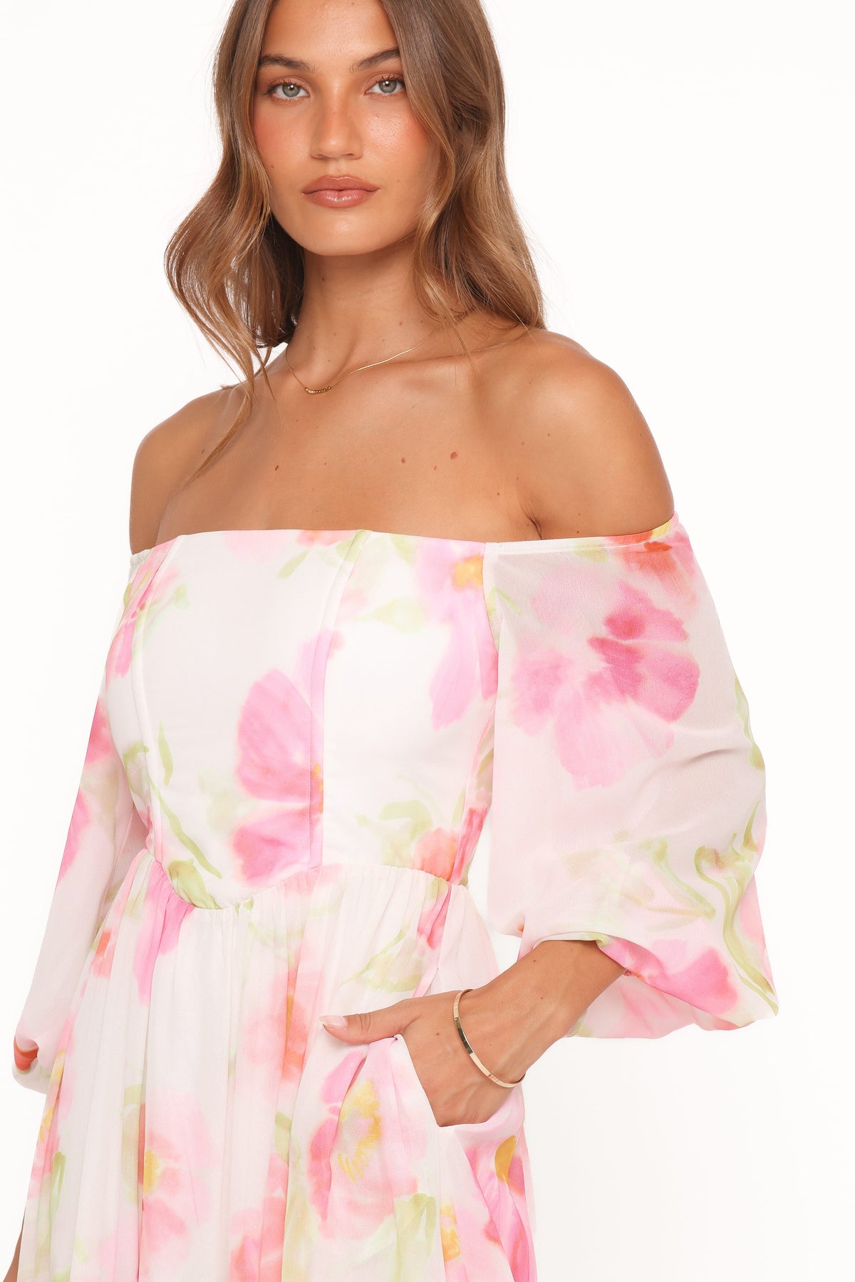 Chantel Off Shoulder Maxi Dress in Pink Garden Floral – view 3 of 6