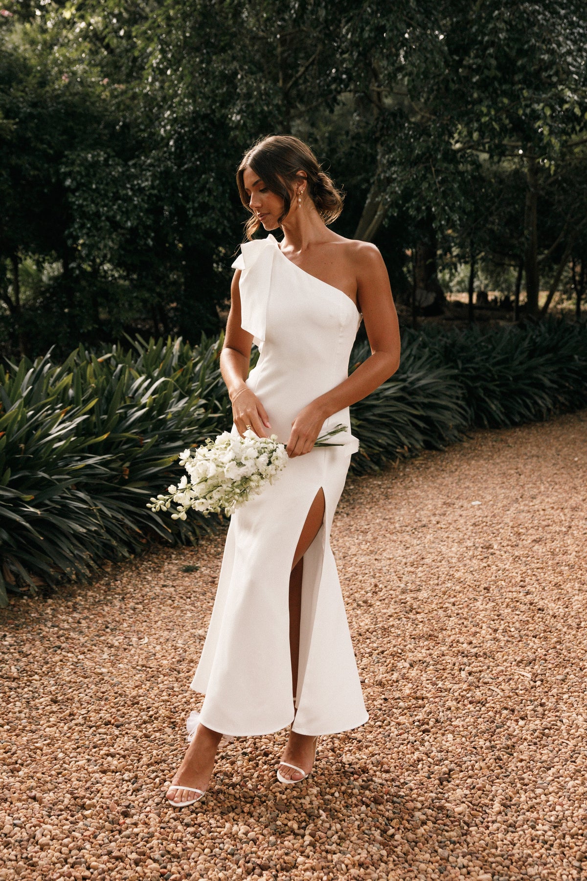 Charmed One Shoulder Midi Dress in Off White – view 1 of 9