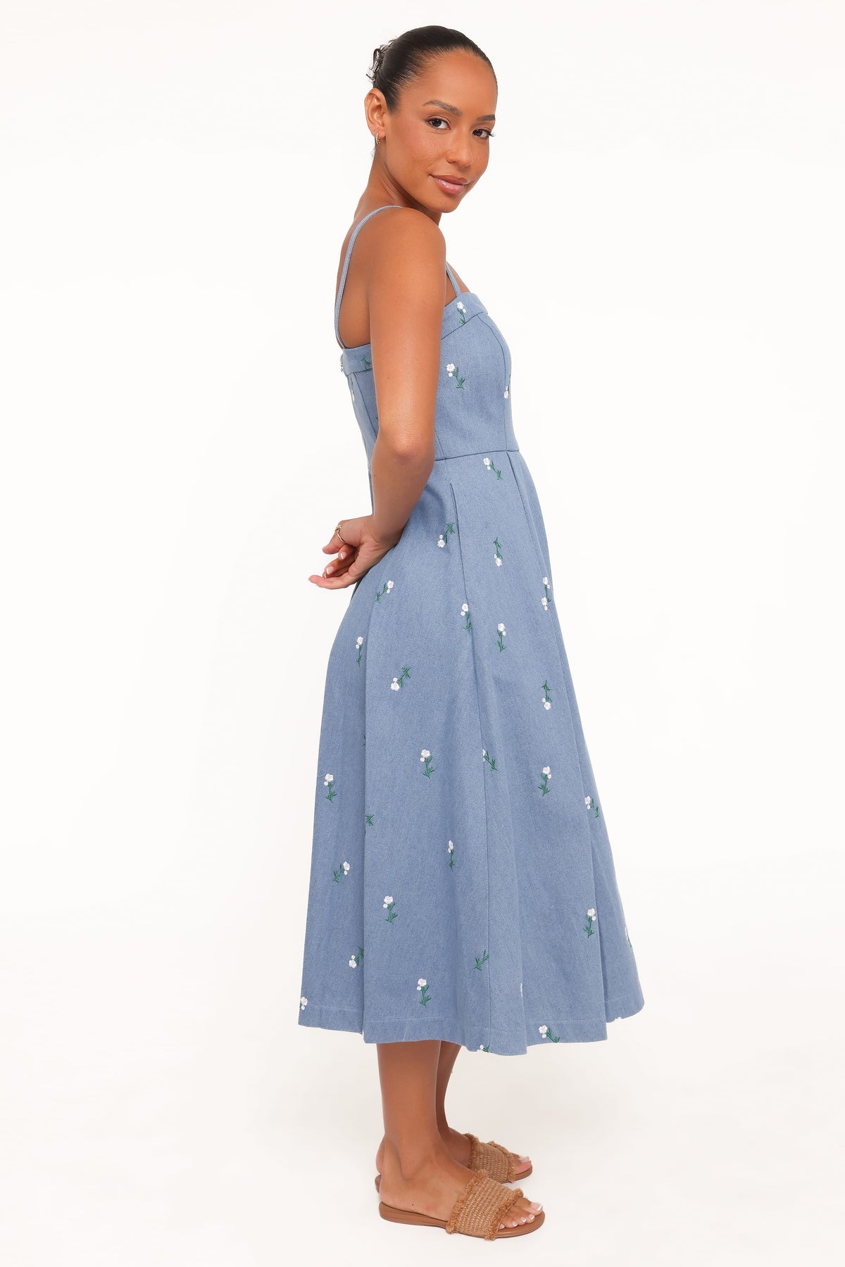 Chelsea Embroidered Midi Dress in Med Denim – view 3 of 6