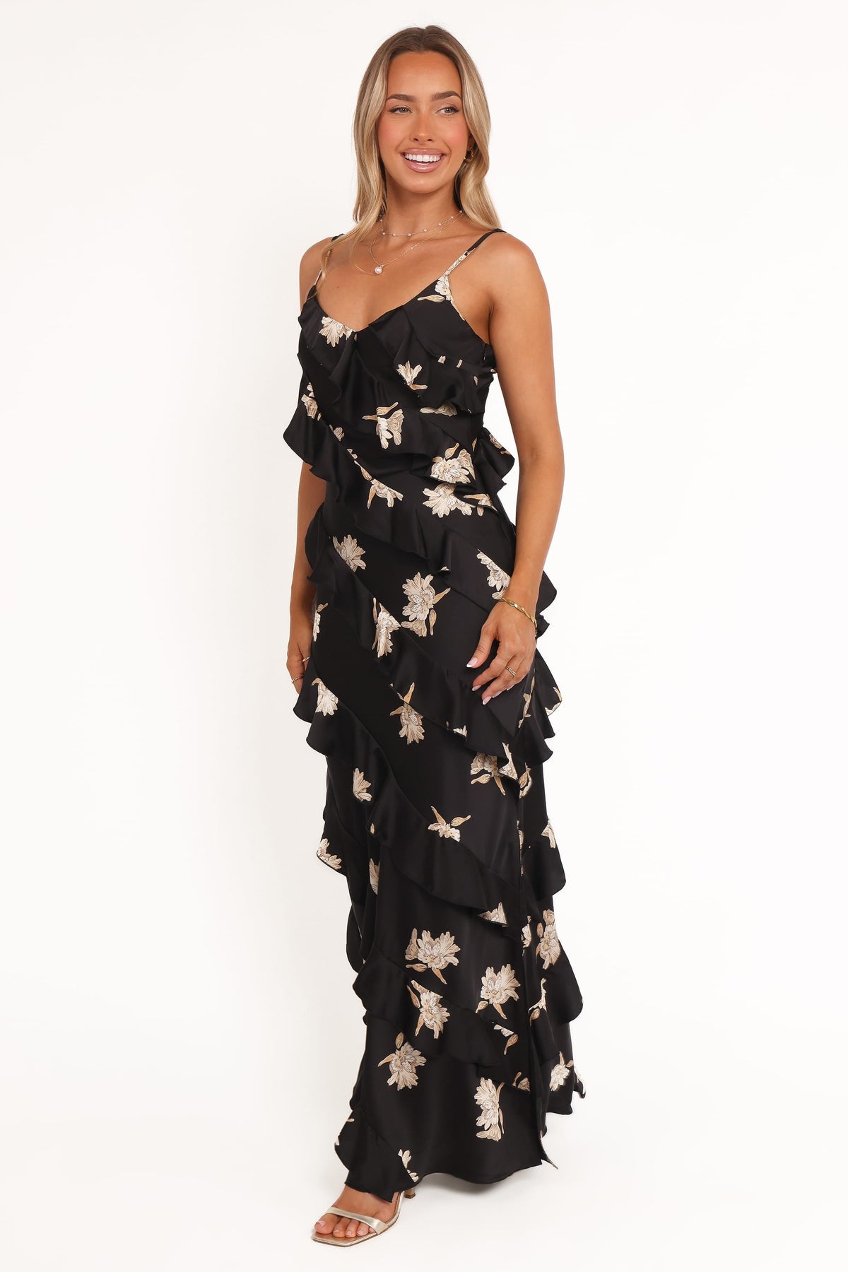 Ciao Ruffles Maxi Satin Dress in Black Floral – view 4 of 7