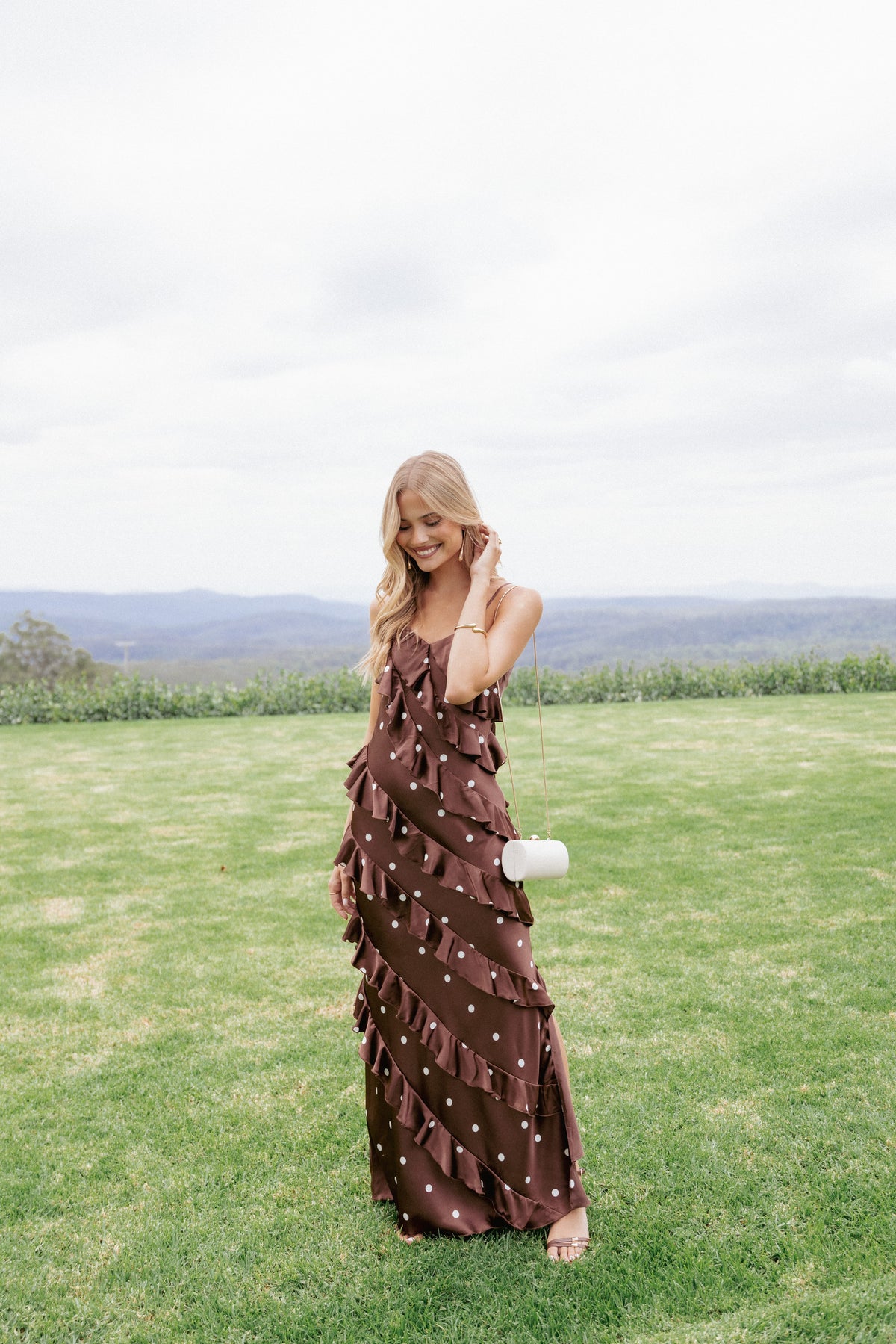 Ciao Ruffles Maxi Satin Dress in Brown Polka Dot – view 1 of 7
