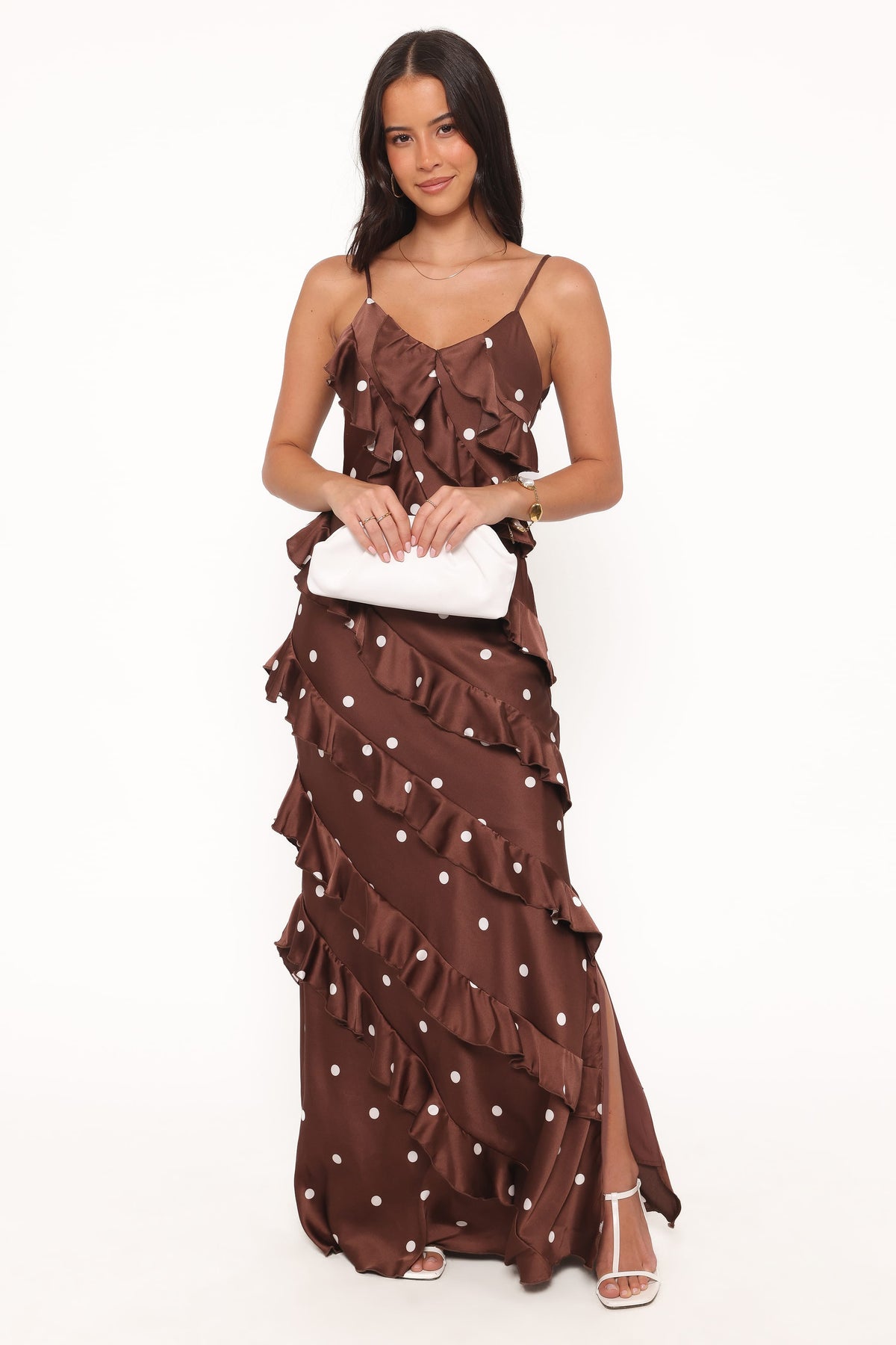 Ciao Ruffles Maxi Satin Dress in Brown Polka Dot – view 2 of 7