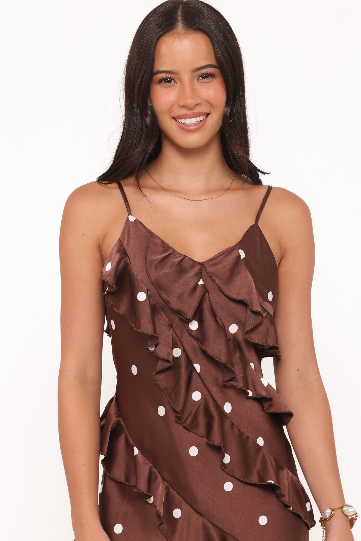 Ciao Ruffles Maxi Satin Dress in Brown Polka Dot – view 3 of 7