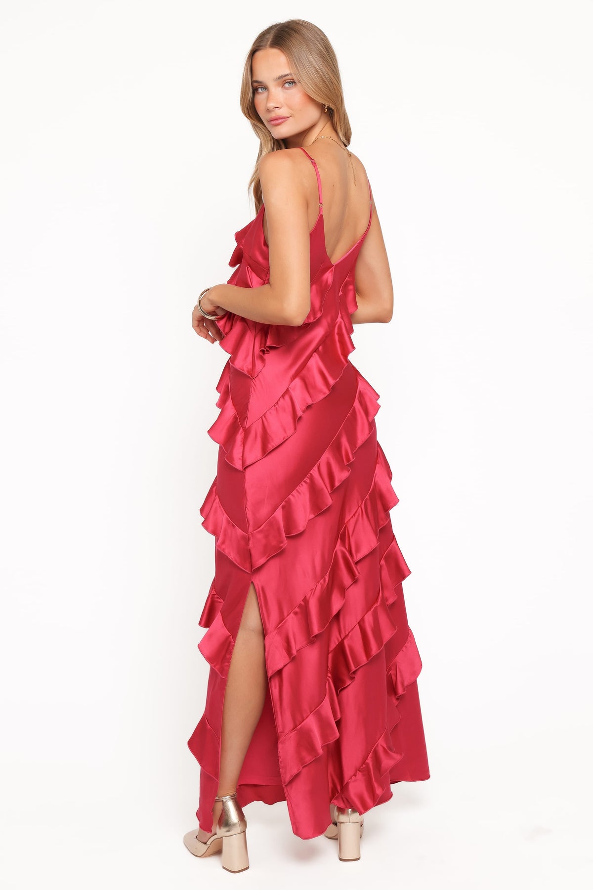 Ciao Ruffles Maxi Satin Dress in Fuchsia – view 5 of 8