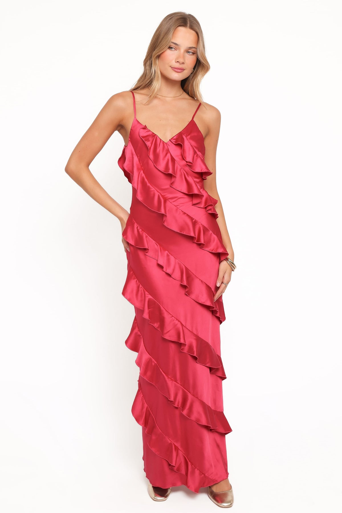 Ciao Ruffles Maxi Satin Dress in Fuchsia – view 2 of 8