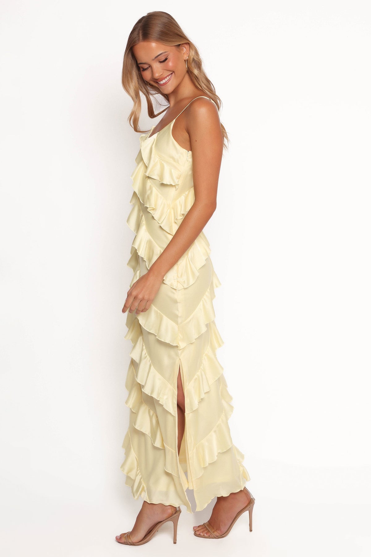 Ciao Ruffles Maxi Satin Dress in Pale Yellow – view 5 of 8