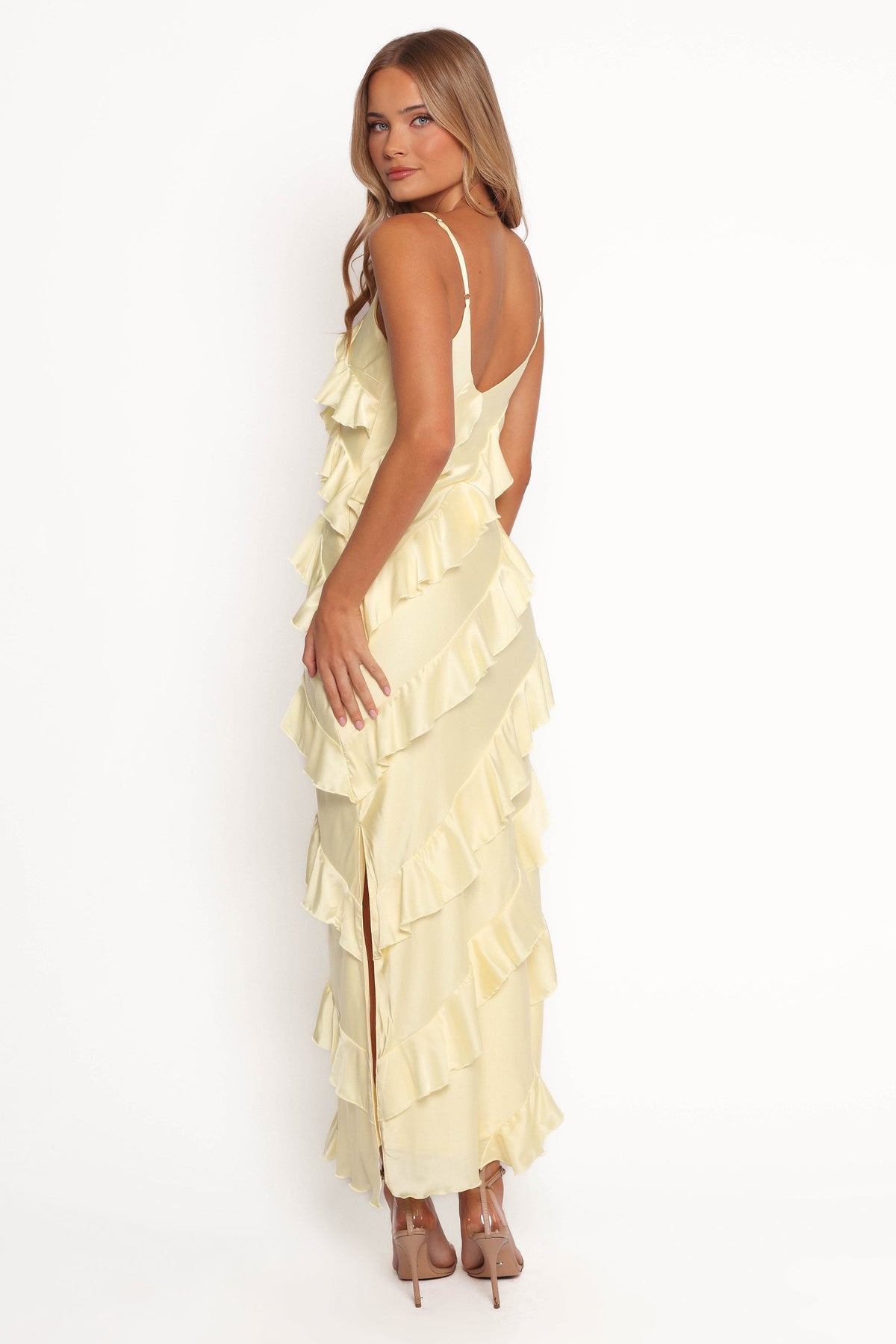 Ciao Ruffles Maxi Satin Dress in Pale Yellow – view 4 of 8