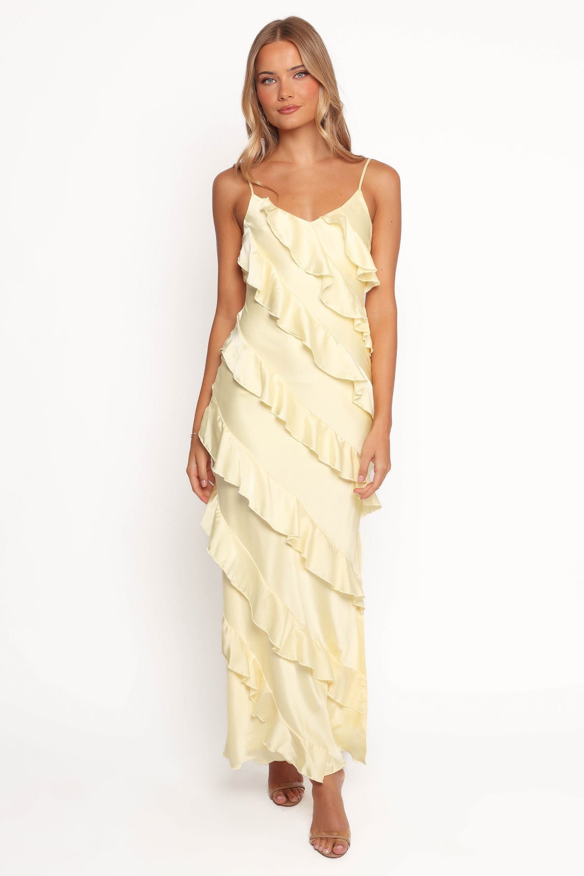 Ciao Ruffles Maxi Satin Dress in Pale Yellow – view 2 of 8