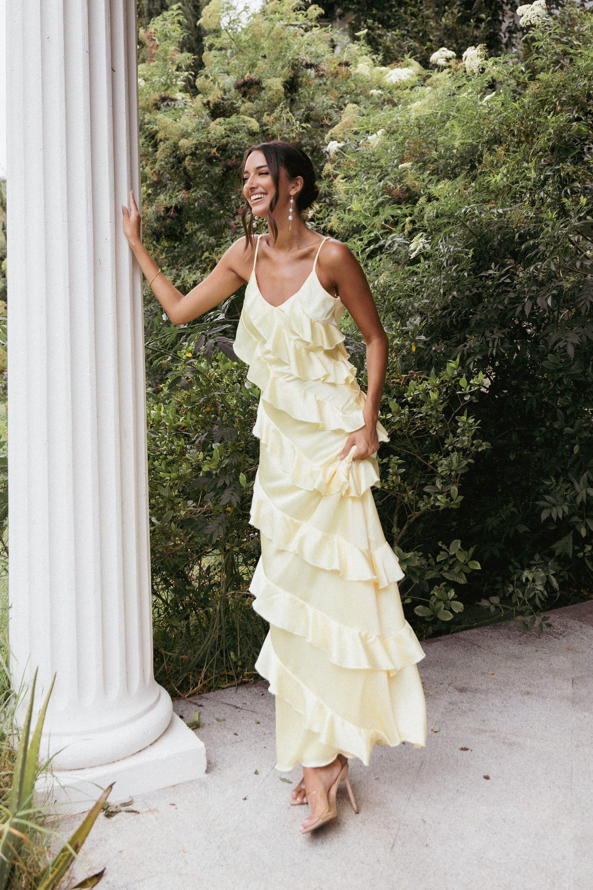 Ciao Ruffles Maxi Satin Dress in Pale Yellow – view 1 of 8