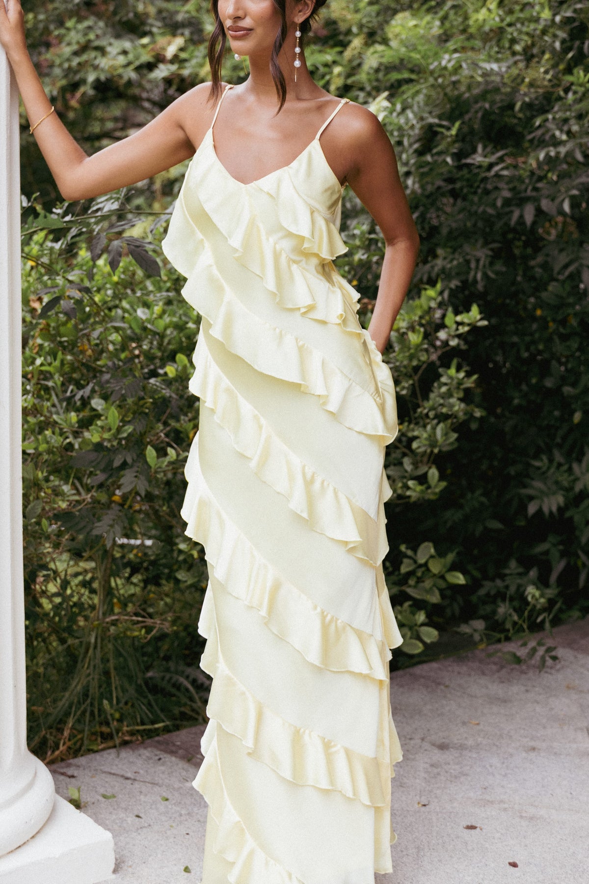 Ciao Ruffles Maxi Satin Dress in Pale Yellow – view 8 of 8