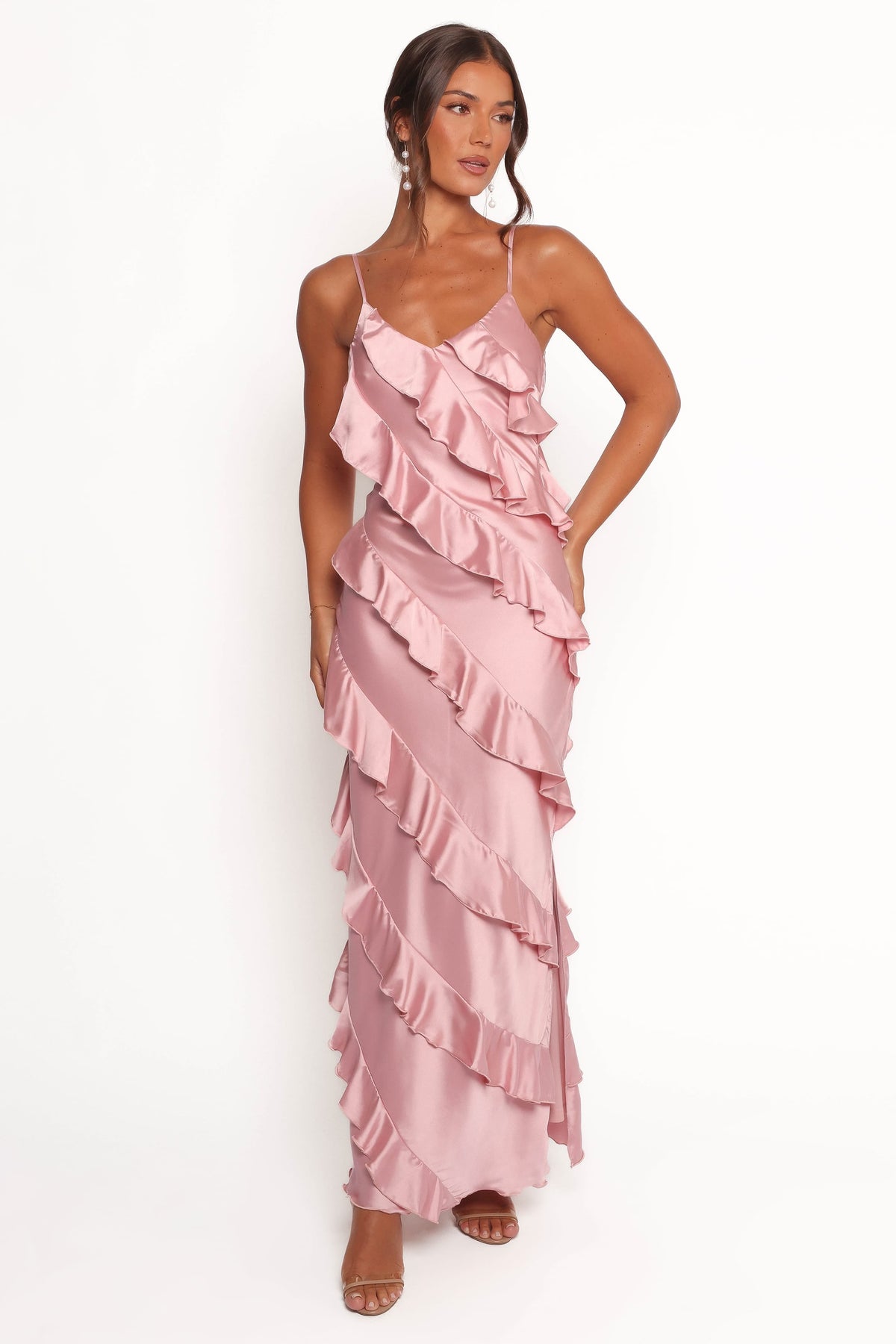 Ciao Ruffles Maxi Satin Dress in Pink – view 2 of 9
