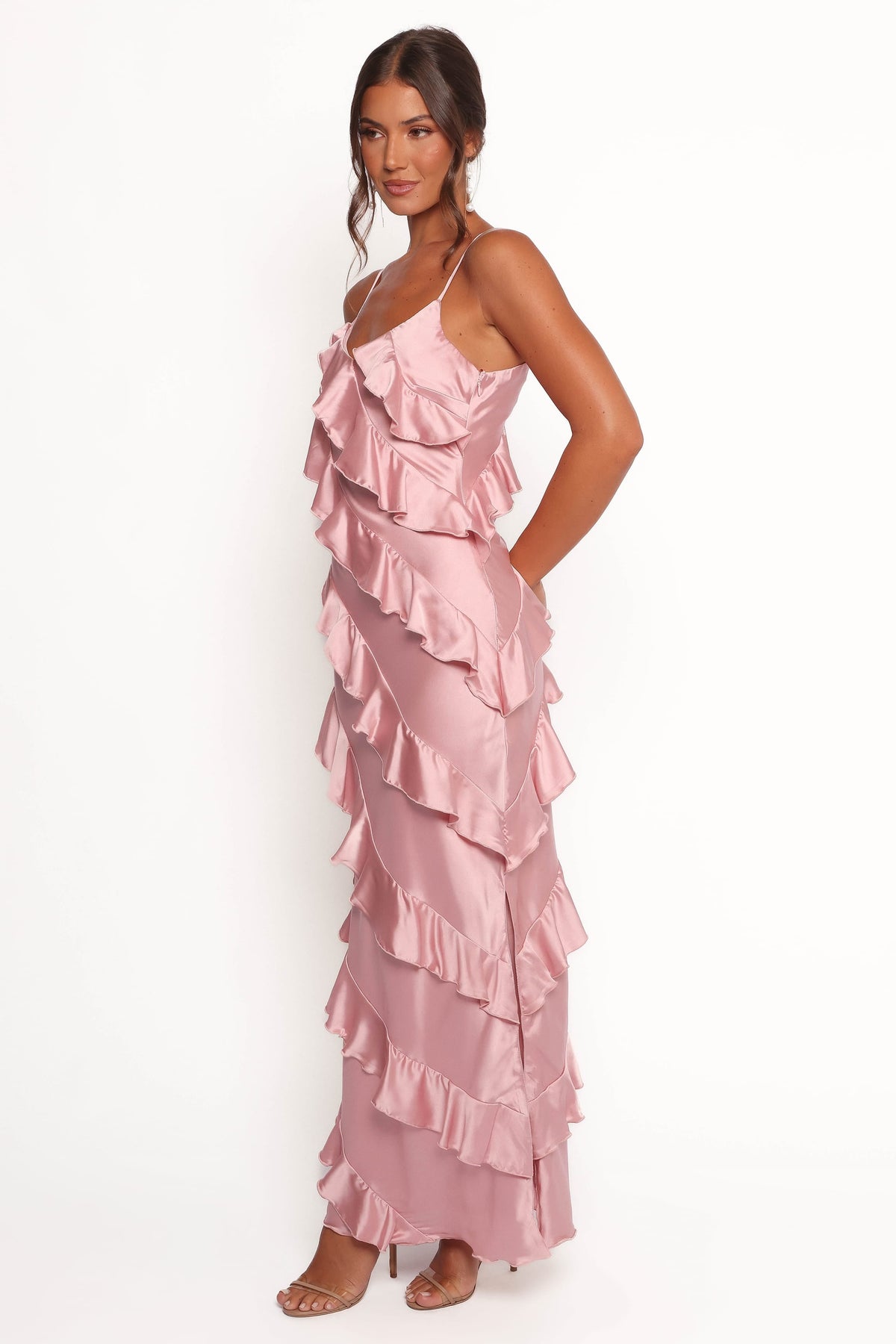 Ciao Ruffles Maxi Satin Dress in Pink – view 4 of 9