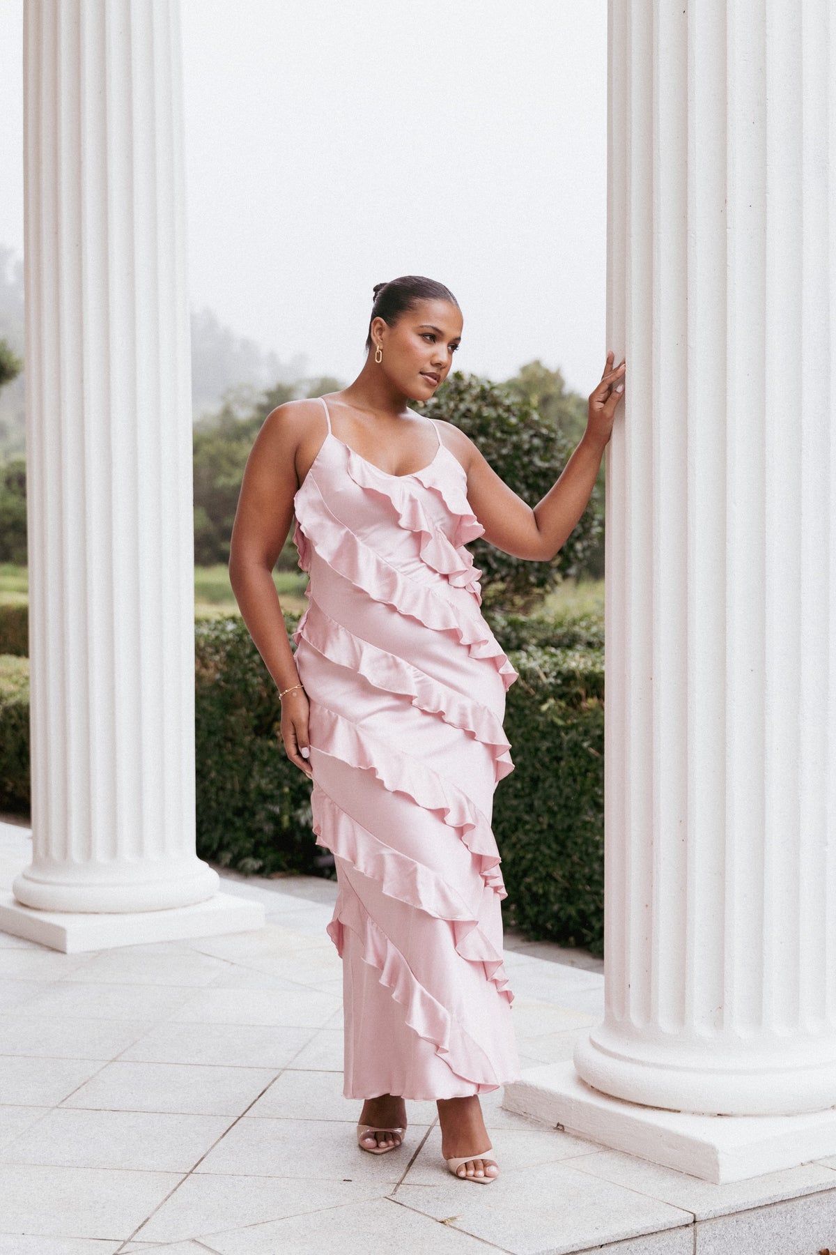 Ciao Ruffles Maxi Satin Dress in Pink – view 1 of 9