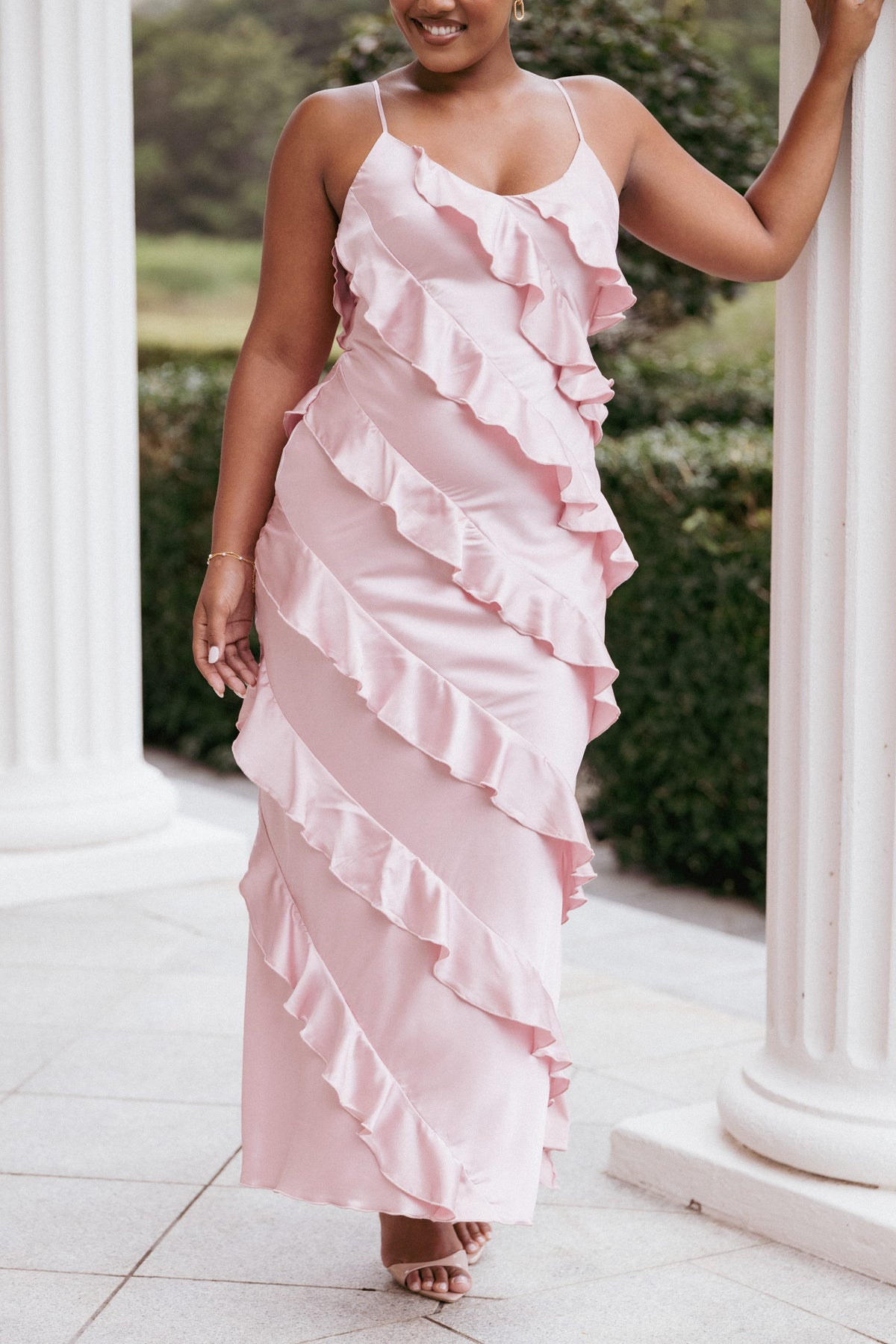 Ciao Ruffles Maxi Satin Dress in Pink – view 9 of 9