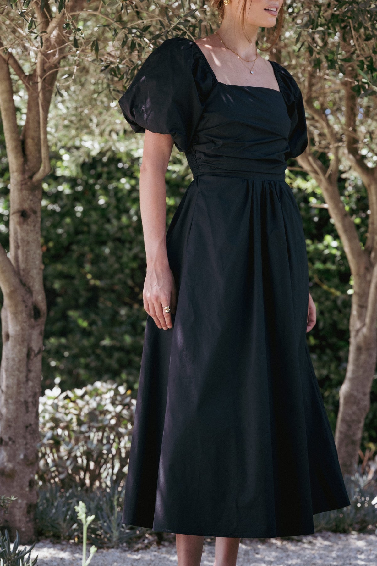Clo Puff Sleeve Midi Dress in Black – view 3 of 8