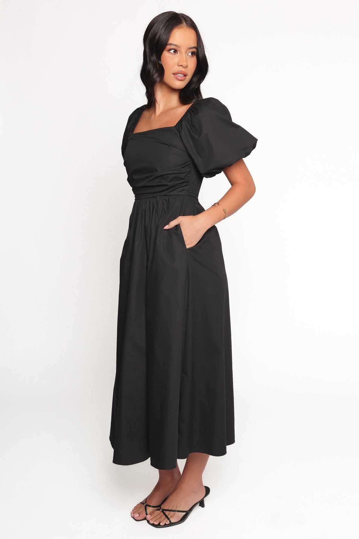 Clo Puff Sleeve Midi Dress in Black – view 2 of 8