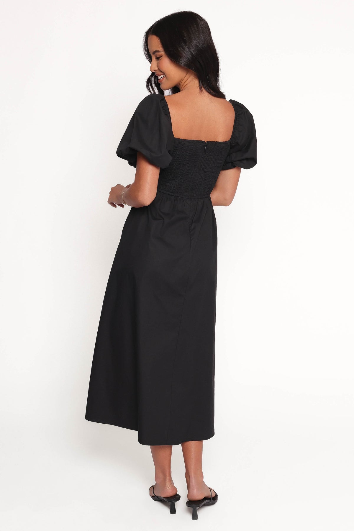 Clo Puff Sleeve Midi Dress in Black – view 6 of 8