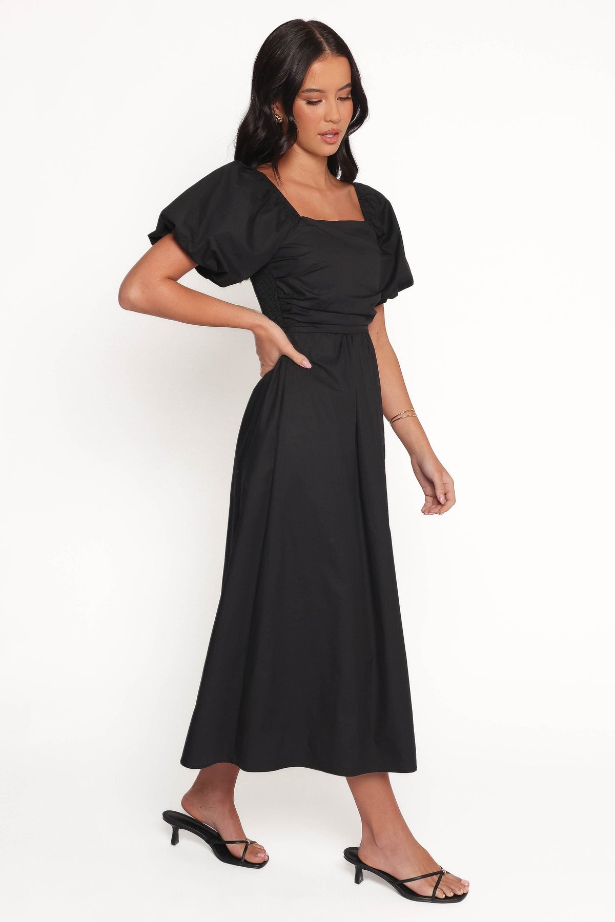 Clo Puff Sleeve Midi Dress in Black – view 7 of 8
