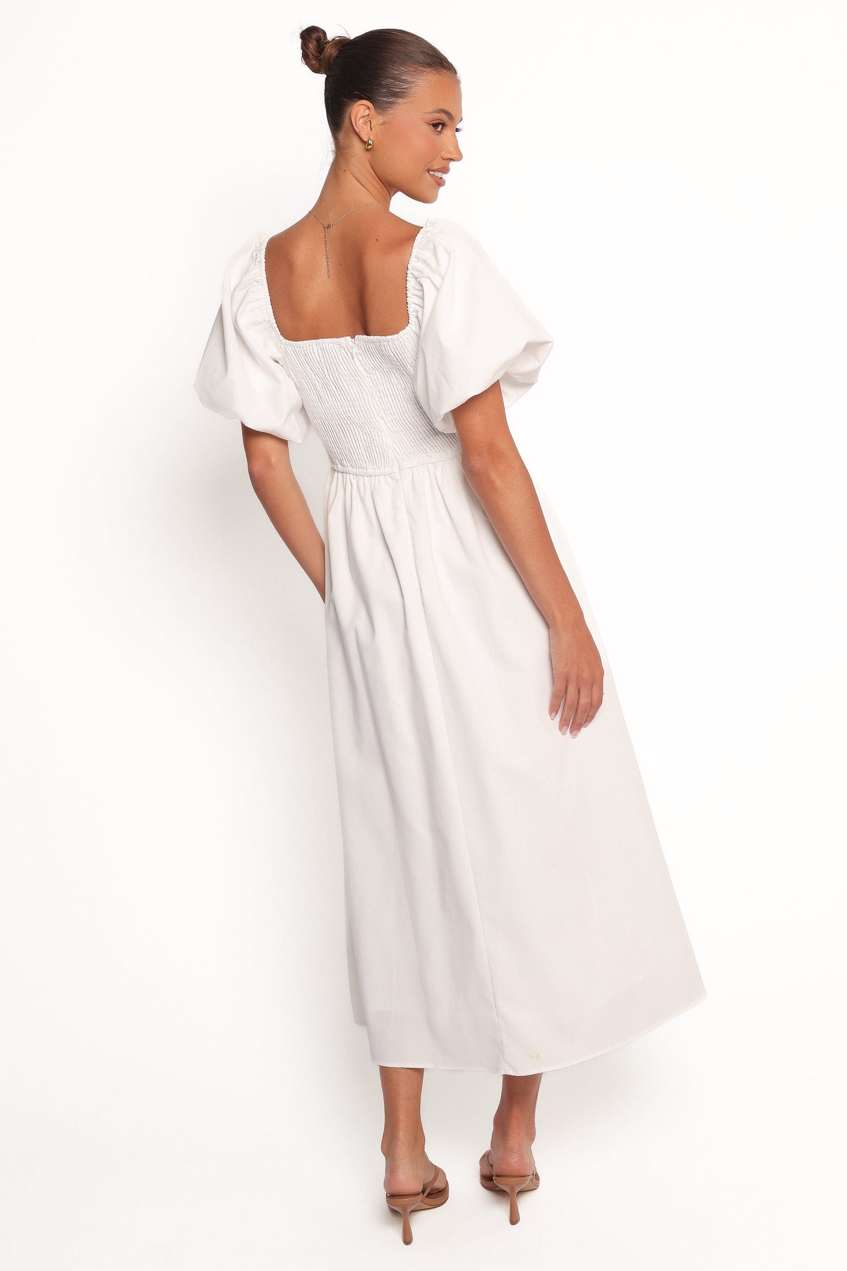 Clo Puff Sleeve Midi Dress in White – view 5 of 9