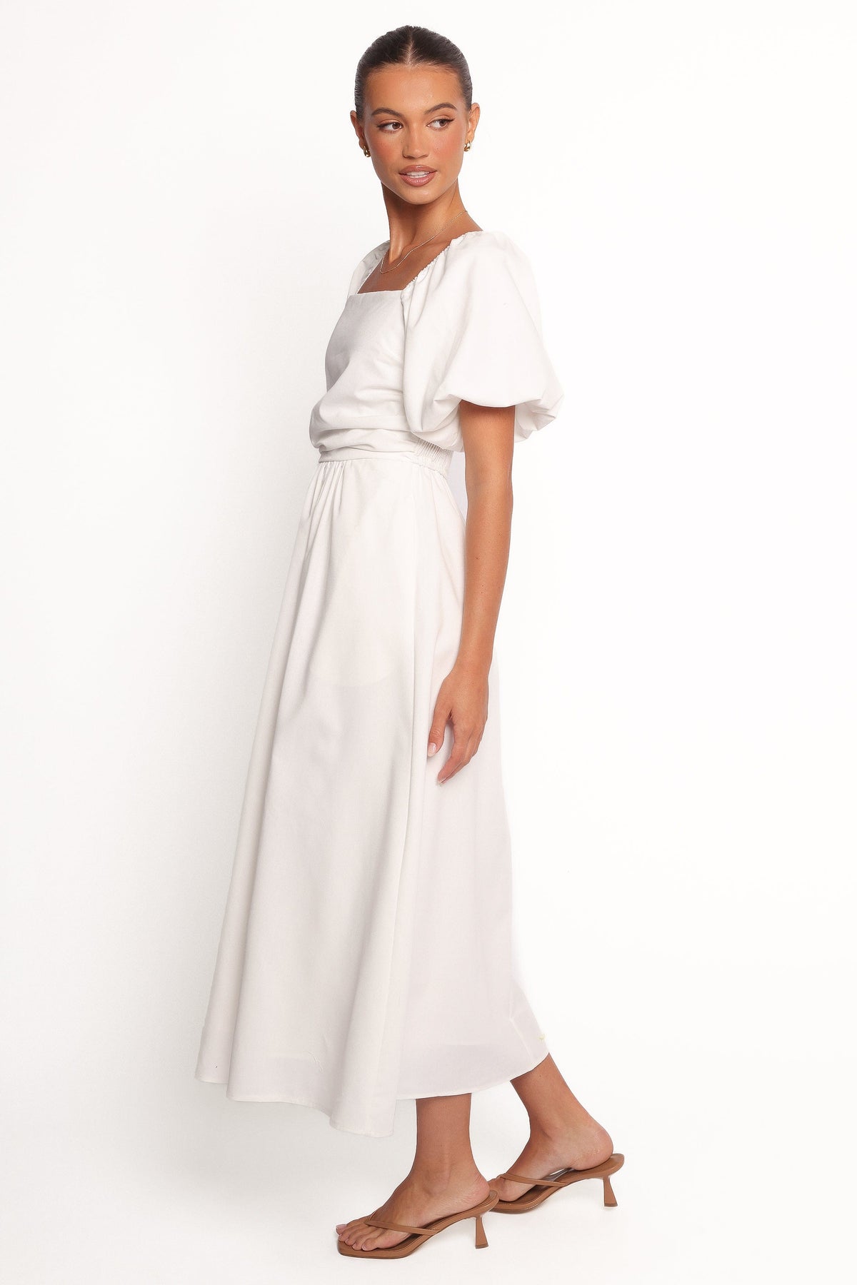 Clo Puff Sleeve Midi Dress in White – view 4 of 9