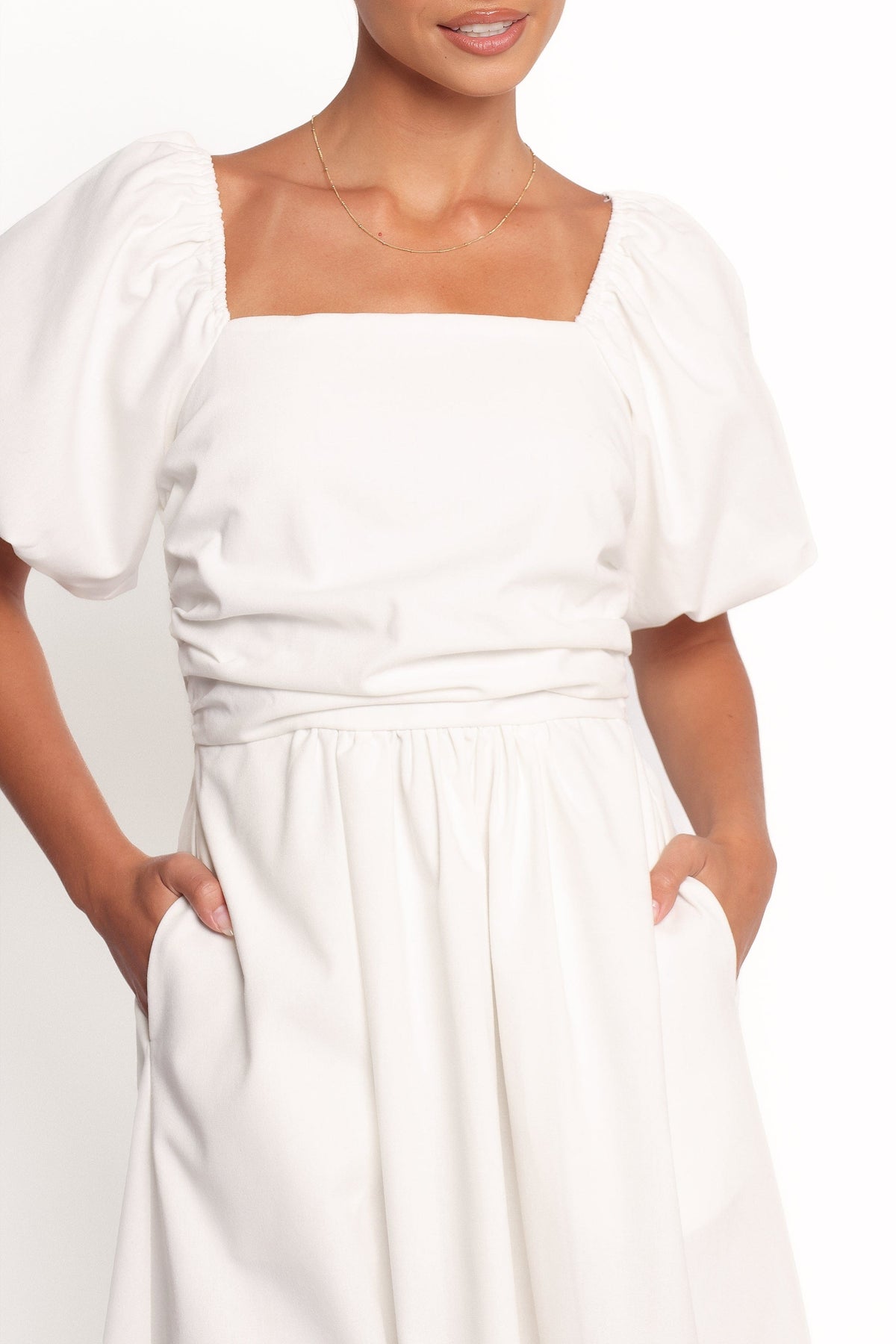 Clo Puff Sleeve Midi Dress in White – view 3 of 9
