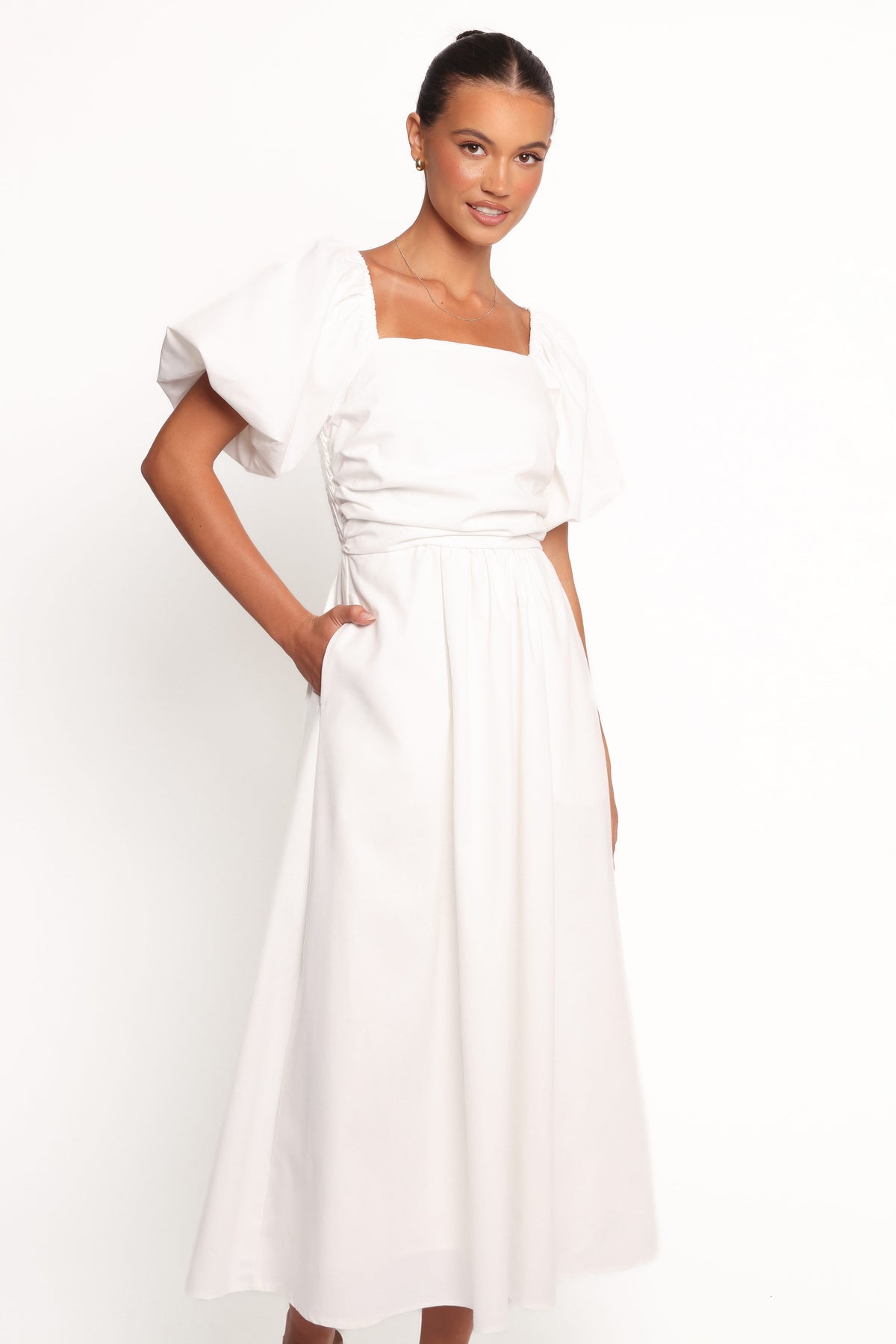 Clo Puff Sleeve Midi Dress in White – view 2 of 9