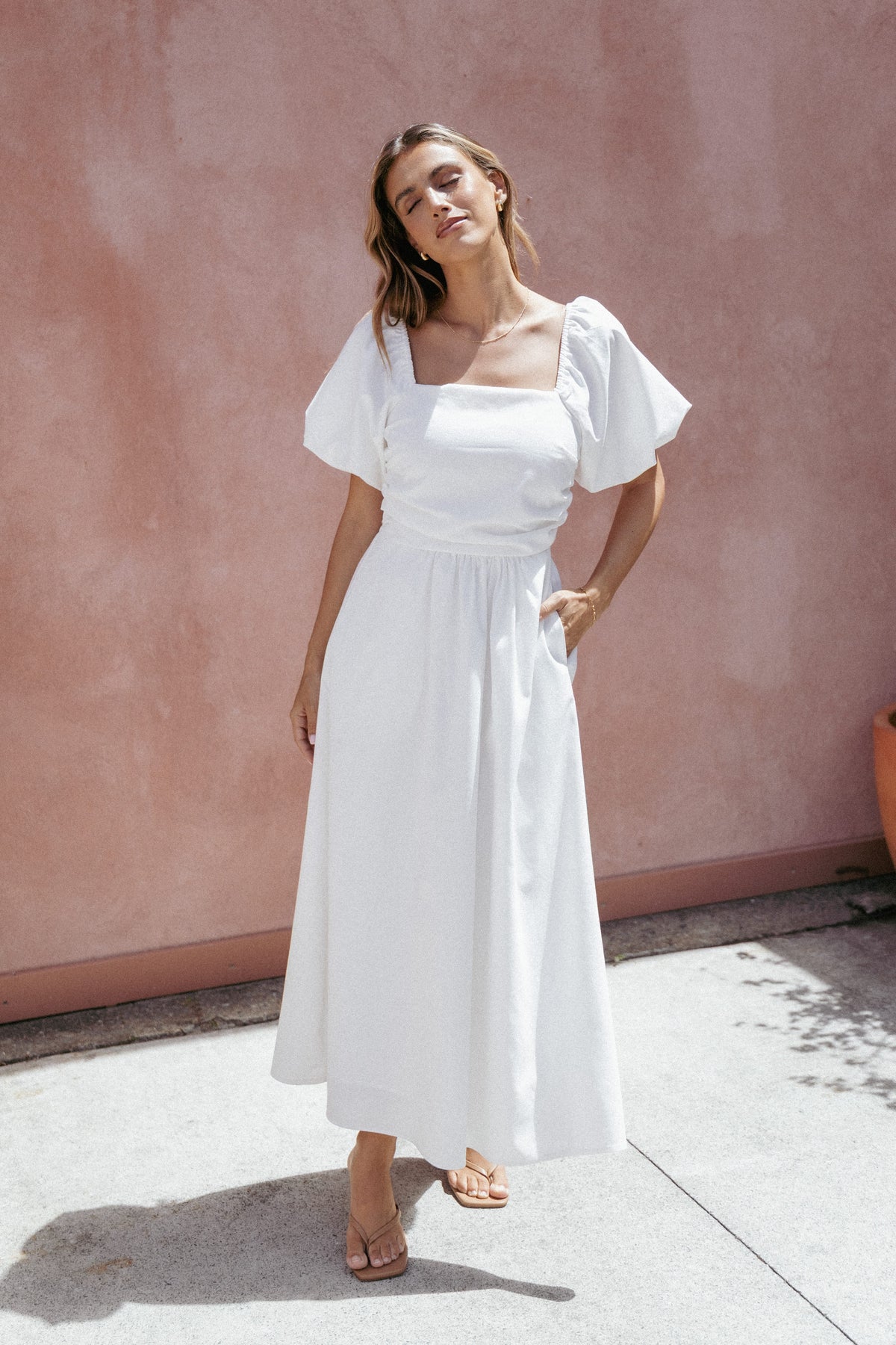 Clo Puff Sleeve Midi Dress in White – view 1 of 9