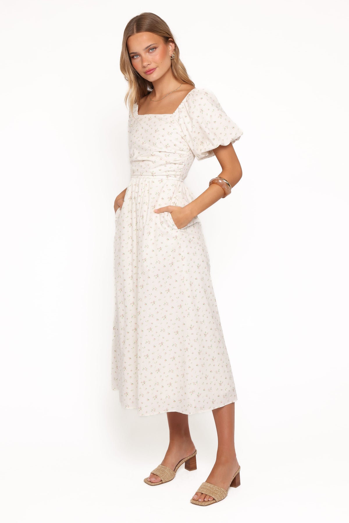 Clo Puff Sleeve Midi Dress in White Betty – view 3 of 6