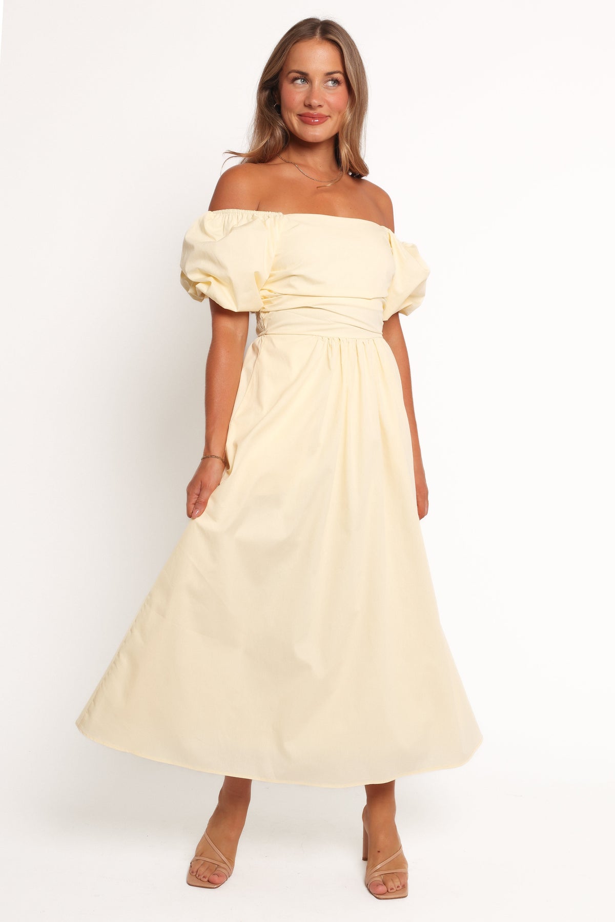 Clo Puff Sleeve Midi Dress in Yellow – view 1 of 7