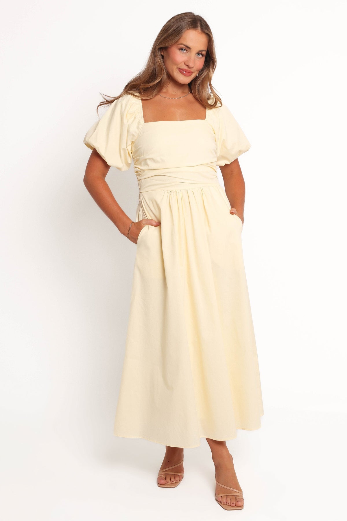 Clo Puff Sleeve Midi Dress in Yellow – view 2 of 7