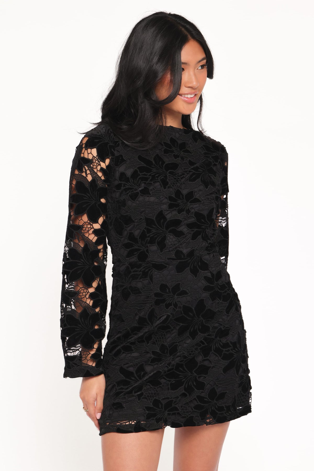 Cynthia Velvet Lace Mini Dress in Black – view 1 of 7