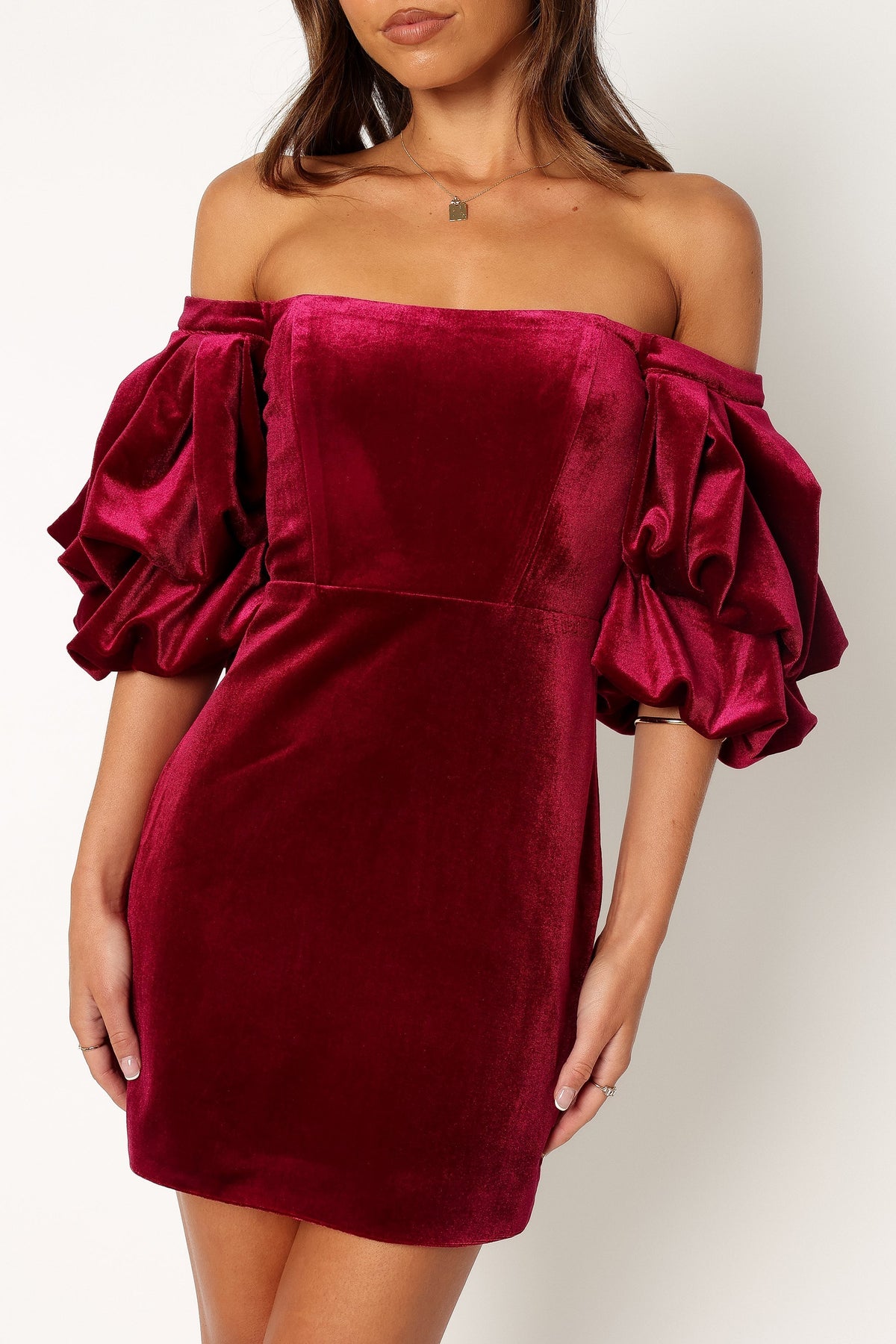 Dali Off Shoulder Velvet Mini Dress in Ruby – view 6 of 11