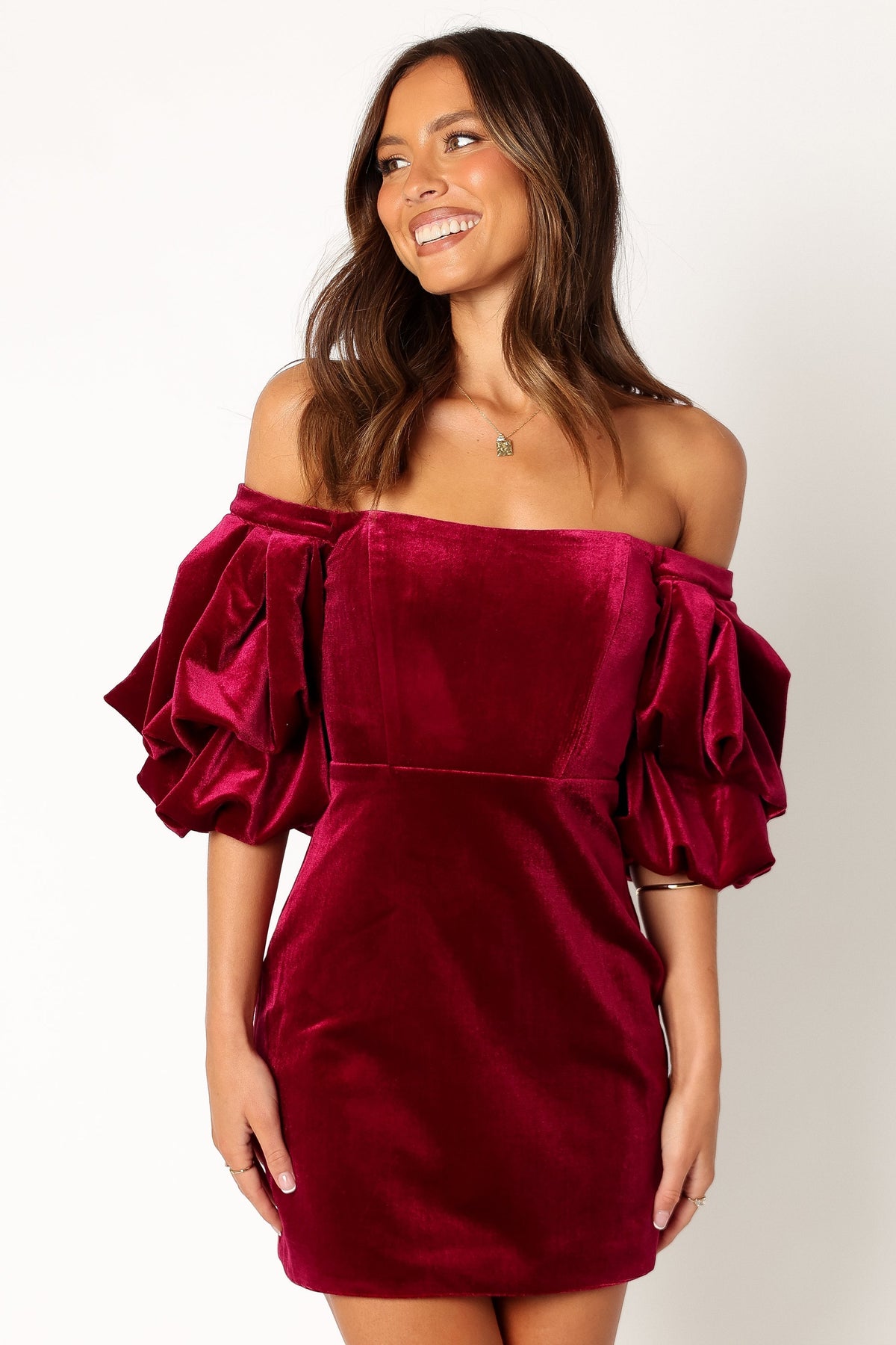 Dali Off Shoulder Velvet Mini Dress in Ruby – view 7 of 11