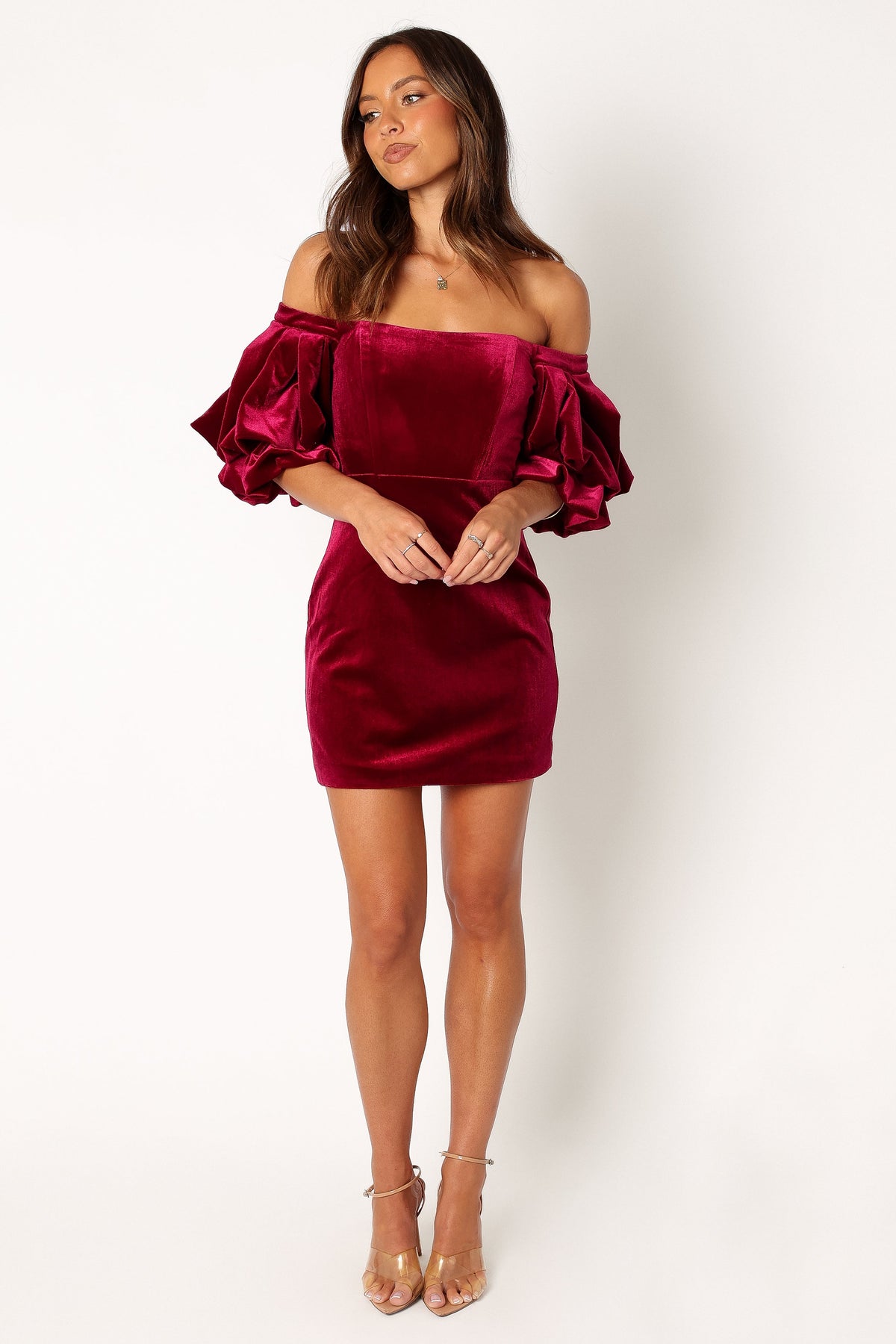 Dali Off Shoulder Velvet Mini Dress in Ruby – view 10 of 11