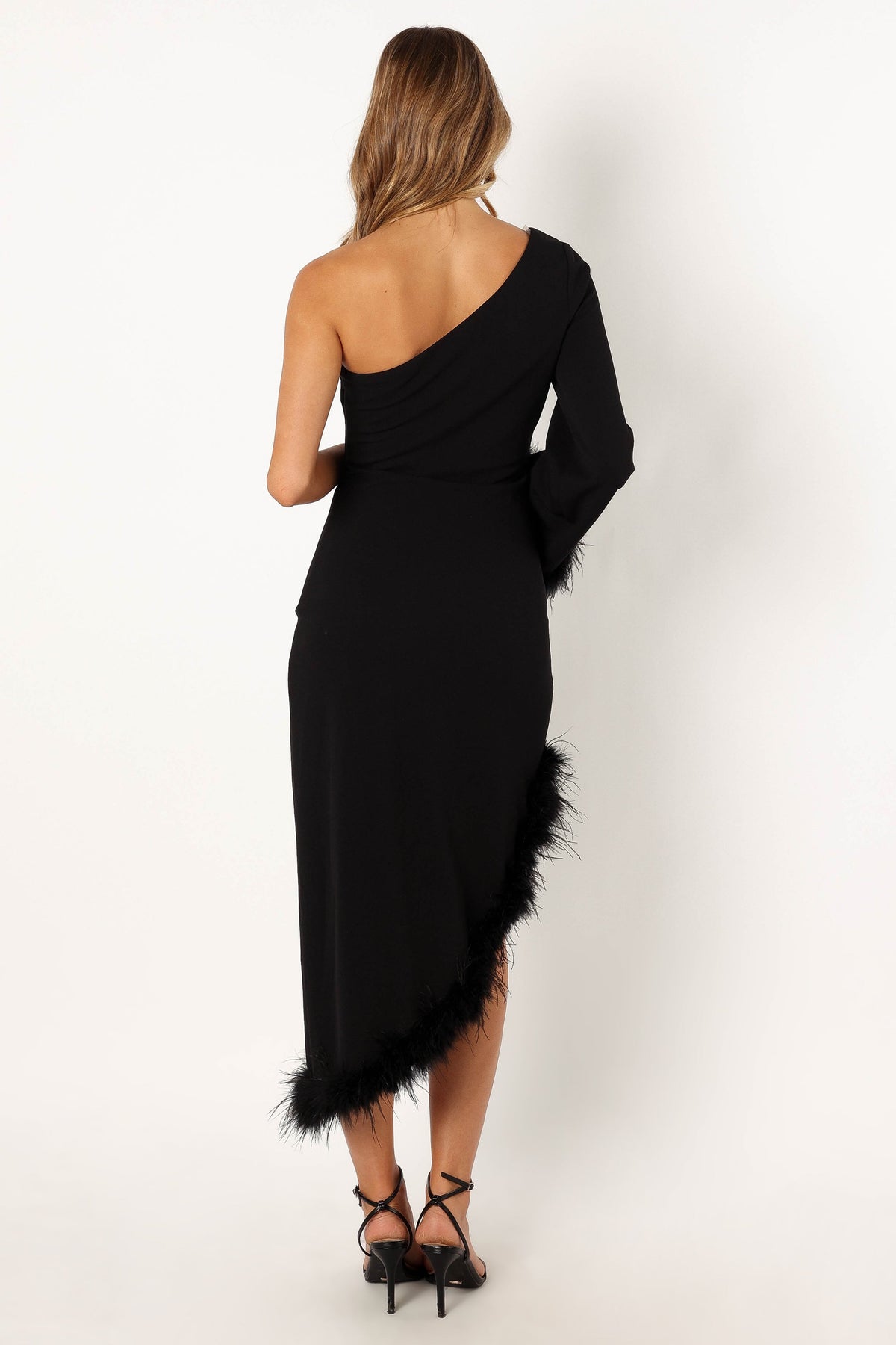 Dame One Shoulder Feather Midi Dress in Black – view 7 of 9