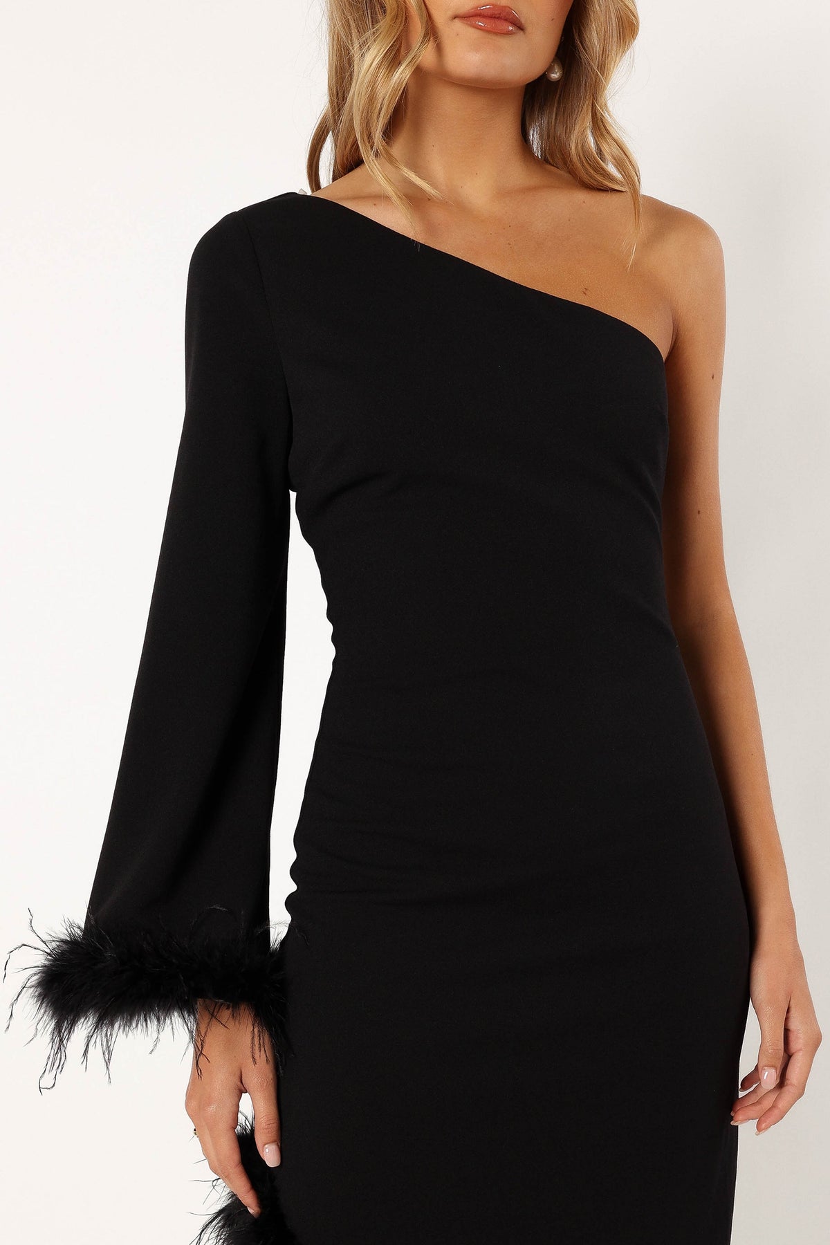 Dame One Shoulder Feather Midi Dress in Black – view 6 of 9