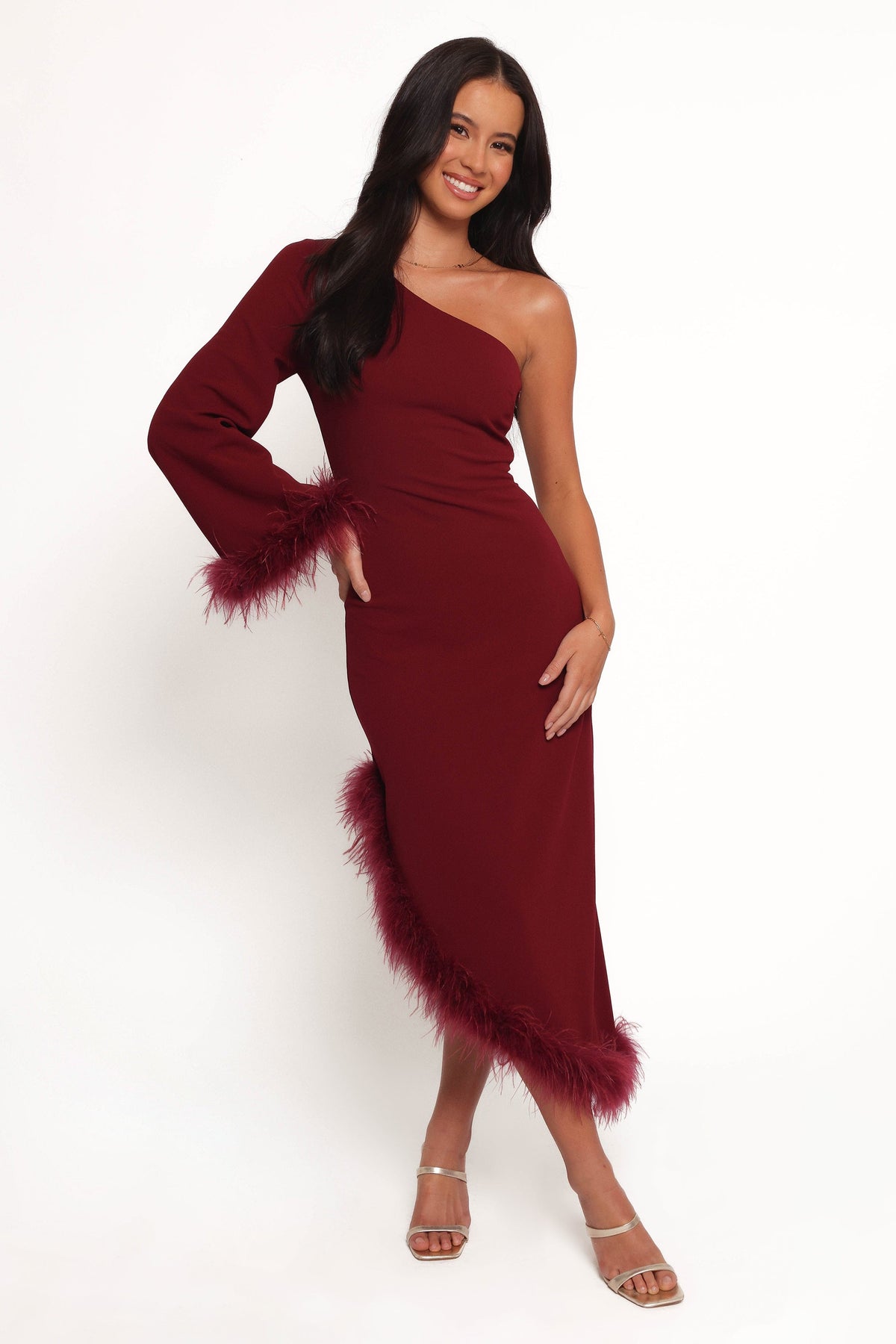 Dame One Shoulder Midi Dress in Deep Wine – view 3 of 8