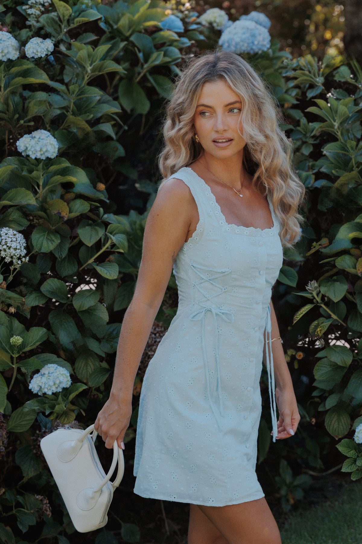 Davida Mini Dress in Pale Blue Broderie – view 1 of 8