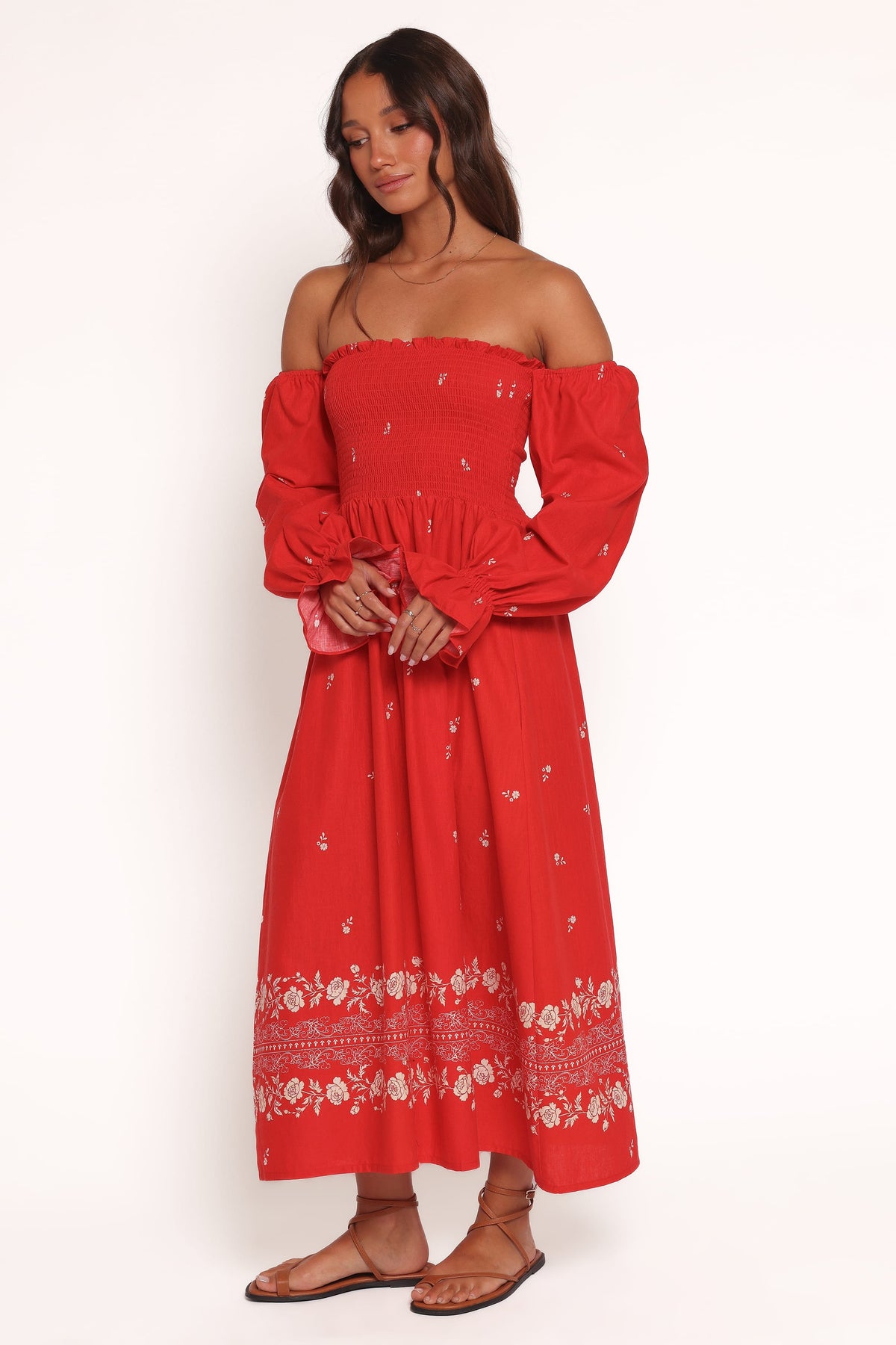 Domenica Shirred Long Sleeve Midi Dress in Red Floral Bandana – view 4 of 7