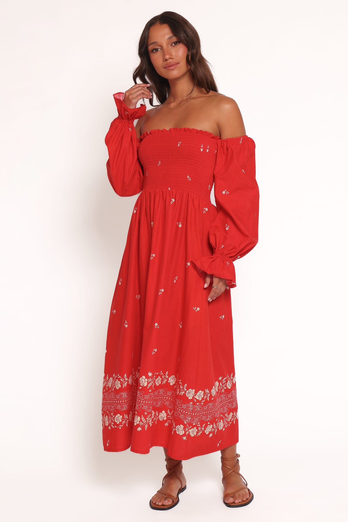 Domenica Shirred Long Sleeve Midi Dress in Red Floral Bandana – view 2 of 7