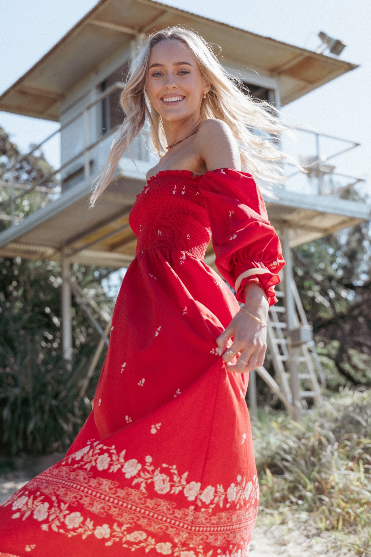 Domenica Shirred Long Sleeve Midi Dress in Red Floral Bandana – view 1 of 7